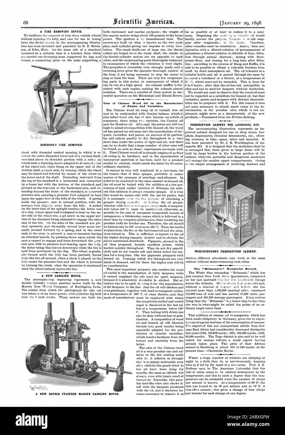 Un pneumatico rimozione dispositivo. Un nuovo motore a benzina. Usi di legno Cinese oh nella fabbricazione di pitture e vernici. Armadio di prescrizione droghieri ecc. Ho 41. WORTHINGTON'S PRESCRIPTION ARMADIO., Scientific American, 1898-01-29 Foto Stock