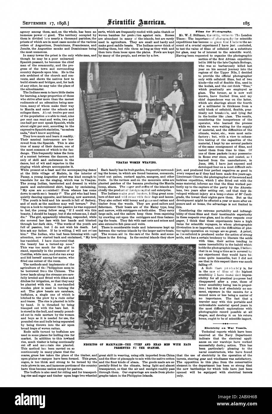 VISAYAS donne tessitura. Film per la fotografia. Di NEGRITOS MARIVALES-il capo e la testa di uomini con cappelli presentato dagli spagnoli. Elettricità su navi di guerra., Scientific American, 1898-09-17 Foto Stock