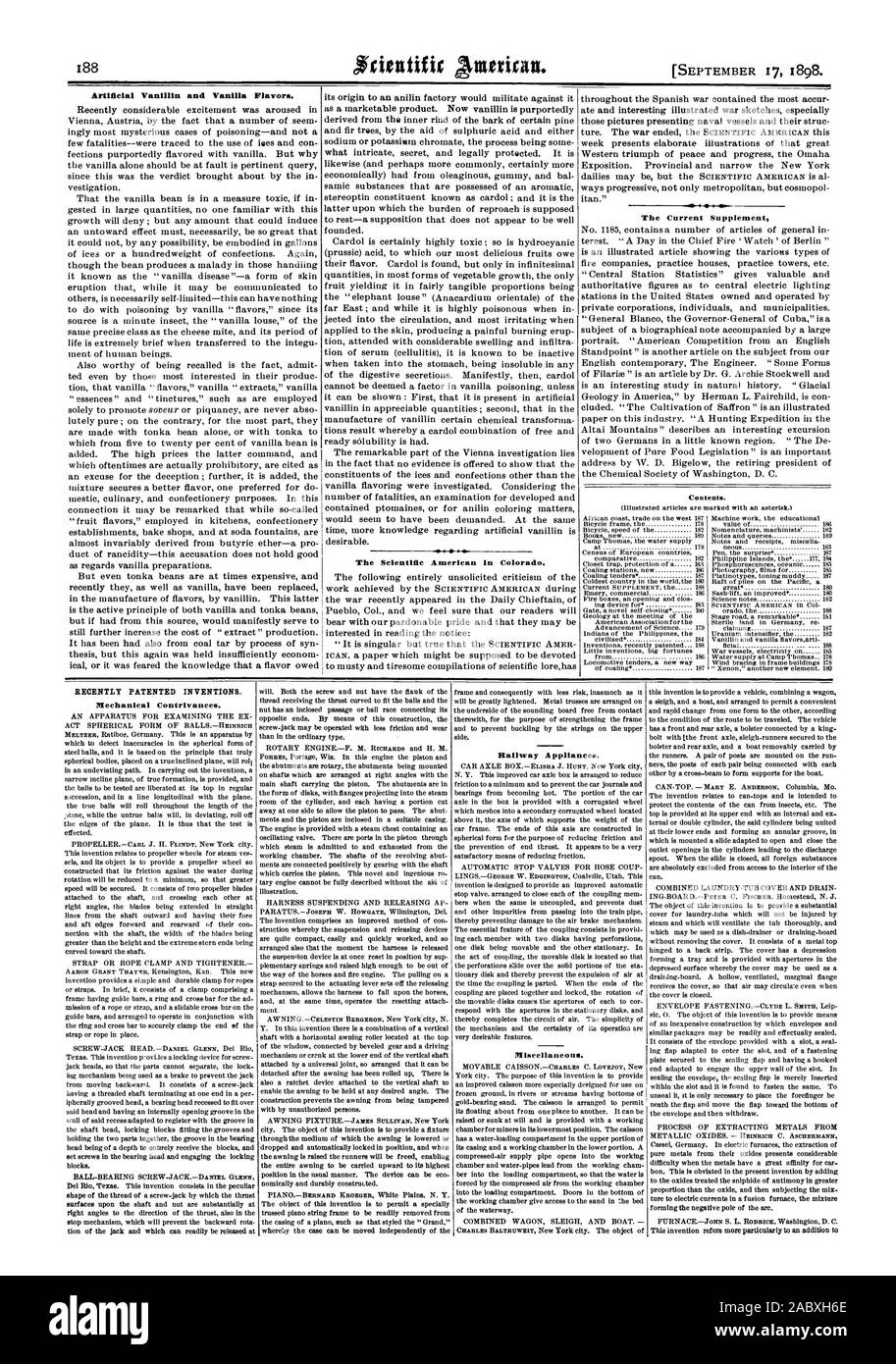 Vanillina artificiale e vaniglia. Il Scientific American in Colorado. Il supplemento di corrente contenuto., 1898-09-11 Foto Stock