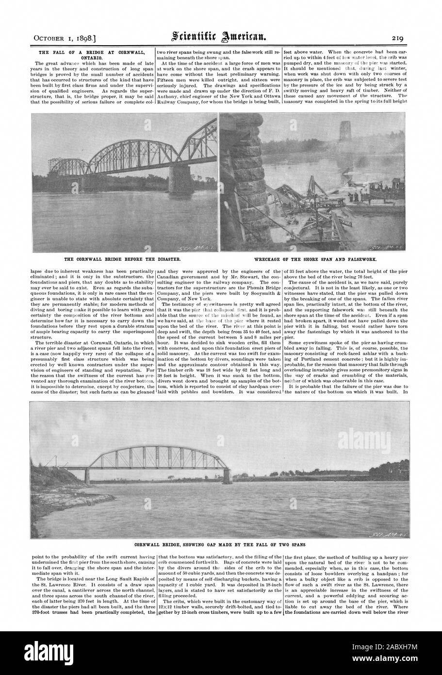 Il crollo di un ponte a CORNWALL ONTARIO. Il ponte di Cornovaglia prima del disastro. Relitto della riva span e il ponteggio., Scientific American, 1898-10-01 Foto Stock
