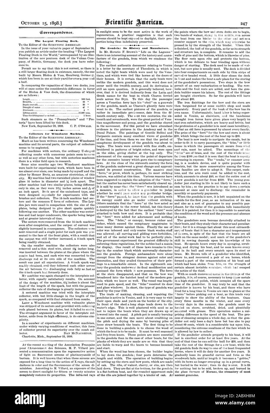 Il più grande bacino galleggiante. Collettori di Wimshurst macchine. La Gondola: la sua storia e la sua fabbricazione., Scientific American, 1898-10-15 Foto Stock
