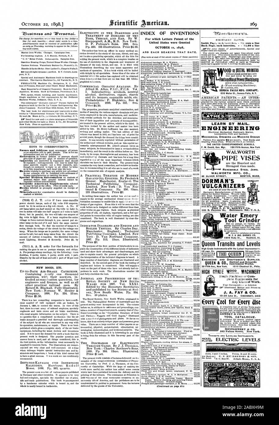 Vulcanizzatori 121 E. Fayette San Baltimore Md. U.S.A. Regina dei transiti e dei livelli della regina ingegneri e disegnatori di forniture. Strumento funziona 59 Quinta Ave. New York. 1010 Chestnut San Phila. Ogni Cool per ogni uso GOMERY az CO. CATALOCUE utensile. MONTGOMERY si CO. 105 Fulton Street a New York. Acqua strumento smeriglio Grinder FootaodRaodPowerillacHifierg SENECA PALLS MFG. Società. 695 L'acqua San Seneca Falls N.Y. Macchine singole o Com reparti attrezzature per qualsiasi classe di lavoro. J. A. FAY & CO. 10-30 San Giovanni Cincinnati in Ohio, Scientific American, 1898-10-22 Foto Stock