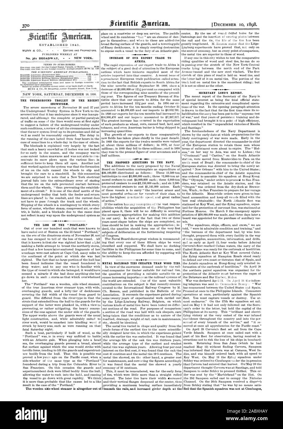 Aumento delle nostre esportazioni AFRICA T. Metallo traversine ferroviarie più conveniente di legami di legno. Il carrello della metropolitana nella recente tempesta di neve. La perdita del ' PORTLAND.' segretario della lunga relazione. Le proposte di aggiunte alla marina., Scientific American, 1898-12-10 Foto Stock