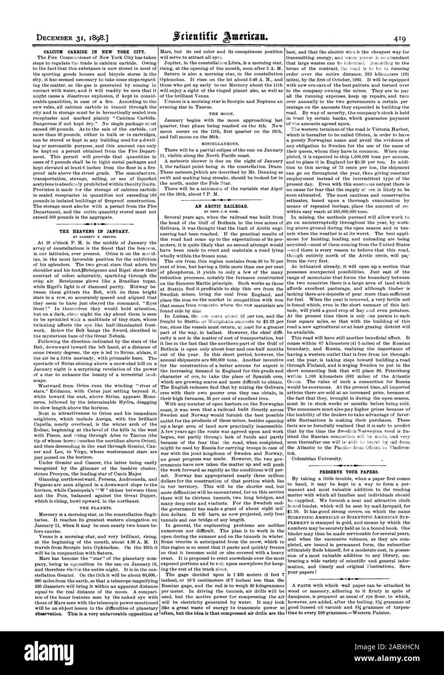 Carburo di calcio IN NEW YORK CITY. Il cielo in gennaio. osservazione. Questo è molto sfavorevole opposizione di una ferrovia artica. spesso, ma l'idea è che l'aria compressa trapani sono il preservare le carte., Scientific American, 1898-12-31 Foto Stock