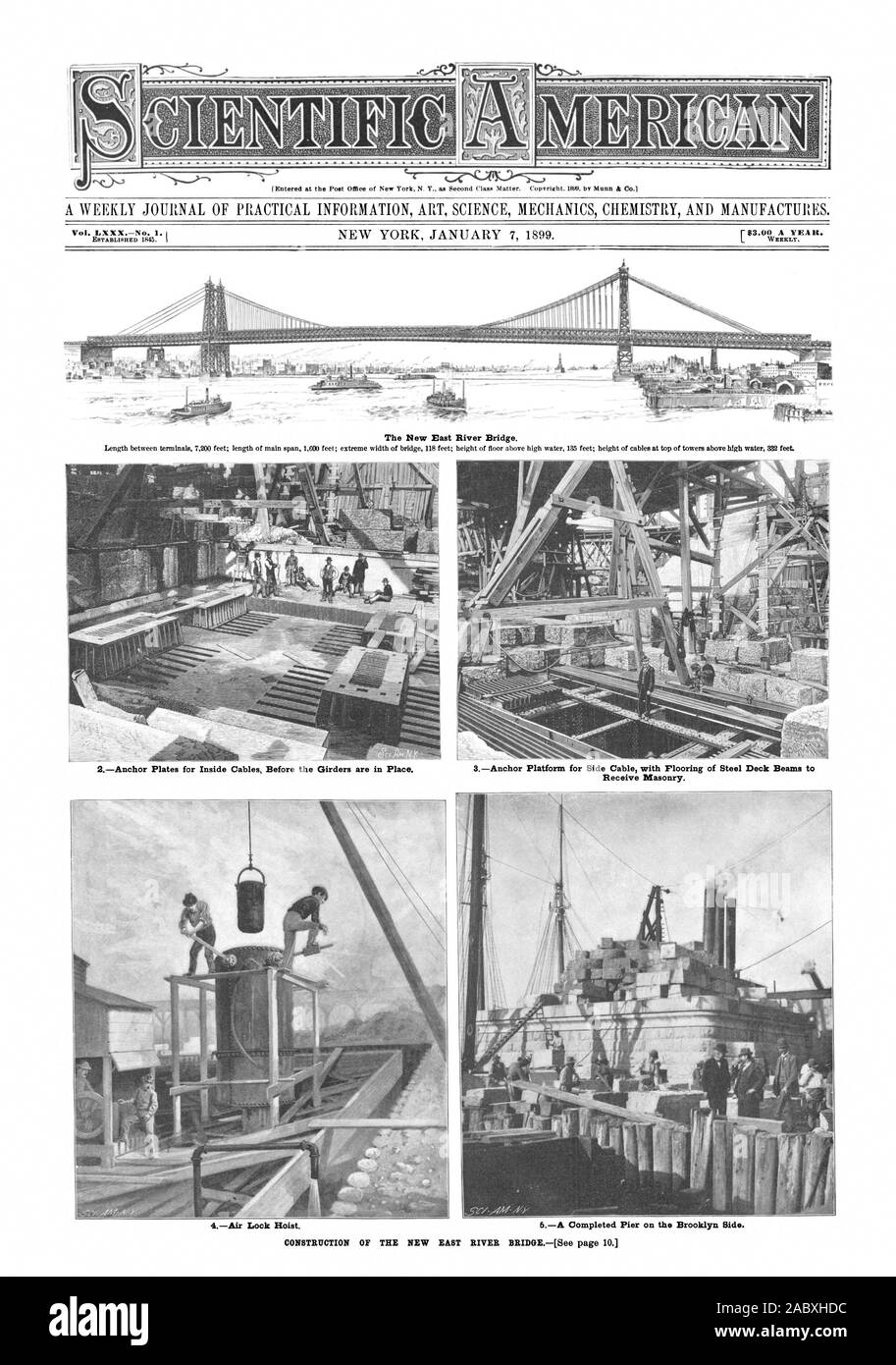 Un giornale settimanale di informazioni pratiche arte scienza meccanica e chimica produce. Vol. LXXXNo. I. [$3.00 YEA1 C il nuovo East River Bridge. 2piastre di ancoraggio per cavi interni prima le travi sono in posizione. 3piattaforma di ancoraggio per il cavo laterale con la pavimentazione del ponte in acciaio Travi t ricevere muratura. 4Blocco aria paranco. 6Il completamento di un molo sul lato Brooklyn., Scientific American, 1899-01-07 Foto Stock