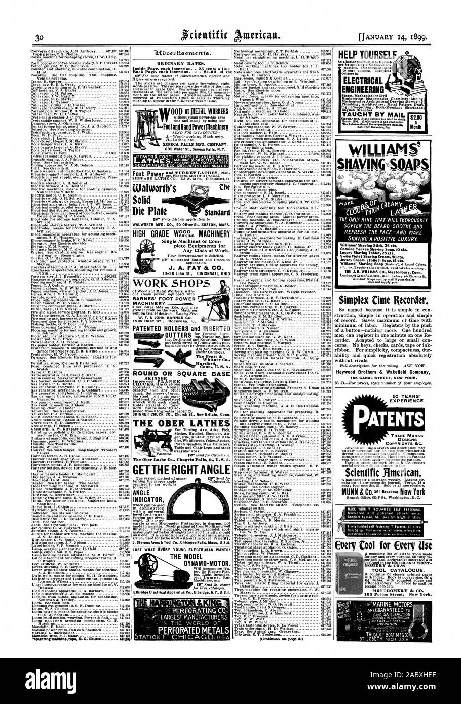 Alta qualità di macchine vi ottenere il giusto angolo TITOLARI BREVETTATO E INSERITO IL TORNI OBER il tornio Ober Co. Chagrin Falls O. U.S. A. IL MODELLO DINAMO-motore. Metalli forati di macchine singole o Com reparti attrezzature per qualsiasi classe di lavoro. J. A. FAY & CO. 10-30 San Giovanni CINCINNATI OHI La Pratt & Whitney Co. Hartford Connecticut. U. S. A. Standard, Scientific American, 1899-01-14 Foto Stock