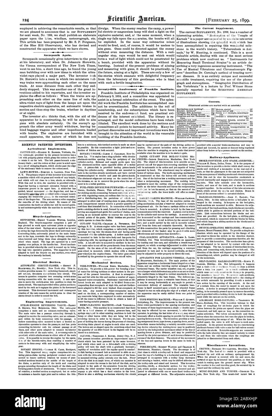Settantacinquesimo anniversario di Franklin Institute. L'attuale supplemento. Recentemente invenzioni brevettate. Attrezzi Agricoli. Bicycle-Appliances. I dispositivi elettrici. Miglioramenti di ingegneria. Dispositivi meccanici. Railway-Appliances. Varie invenzioni., Scientific American, 1899-02-11 Foto Stock