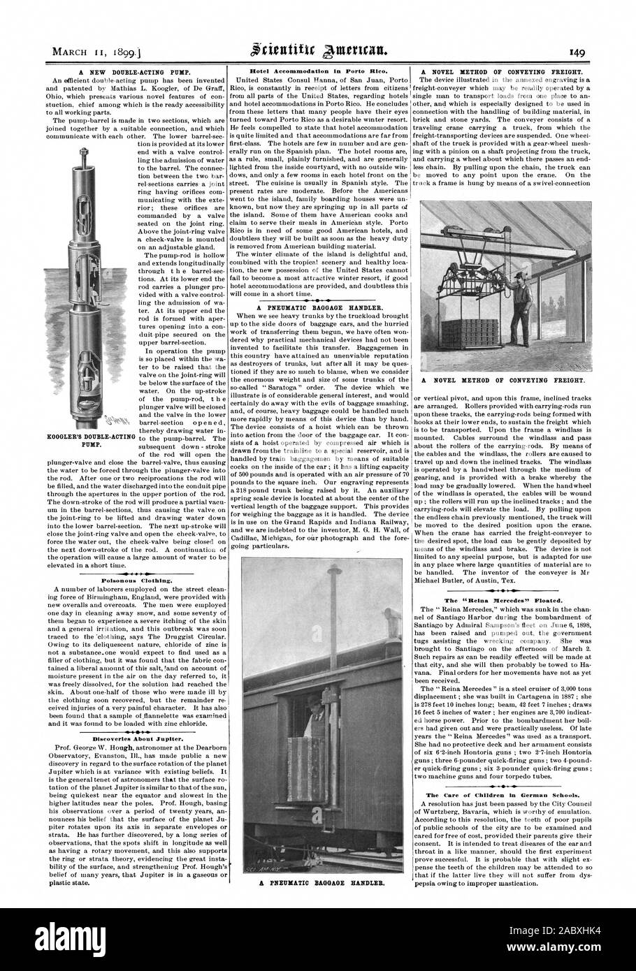 Una nuova a doppia azione pompa. Abbigliamento velenosi. Scoperte su Giove. stato plastico. Alloggio in hotel a Porto Rico. Un bagaglio pneumatico handler. Un nuovo metodo per il trasporto di merci. Un nuovo metodo per il trasporto di merci. La cura dei bambini nelle scuole tedesche., Scientific American, 1899-03-11 Foto Stock