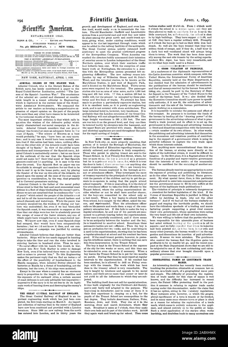 Settimanale pubblicata al n. 361 Broadway New York. ADMIRAL COLOMB sulla guerra spagnola. La grande stazione centrale ferroviaria di Inghilterra. NEW YORK marinato la scuola scuola. Il 1 aprile 1899. Diversi studi fino a dodici ore. Dalle ore 1 fino al raggiungimento di una flagrante violazione del principio. I nomi geografici come legittimi MARCHI., Scientific American, 1899-04-01 Foto Stock