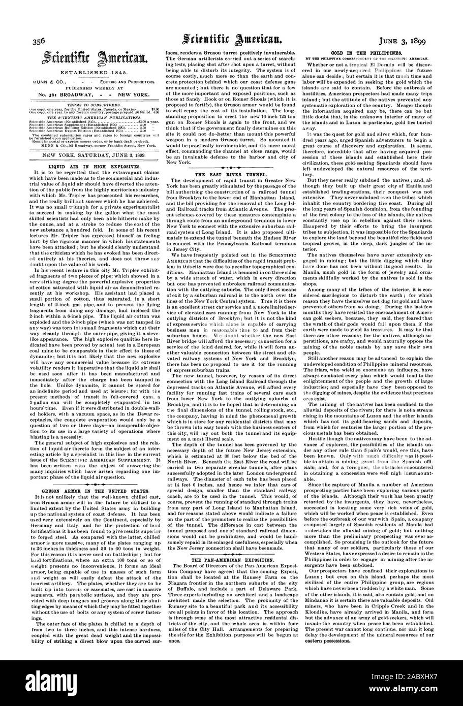 Stabilito 1845. No. 361 Broadway New York. Aria liquida in esplosivi ad alto potenziale. GRUSON ARMOR NEGLI STATI UNITI. L'East River tunnel. Il PAN-American Exposition. Oro nelle Filippine. Da PHILIP?! NB corrispondente del Scientific American., 1899-06-03 Foto Stock