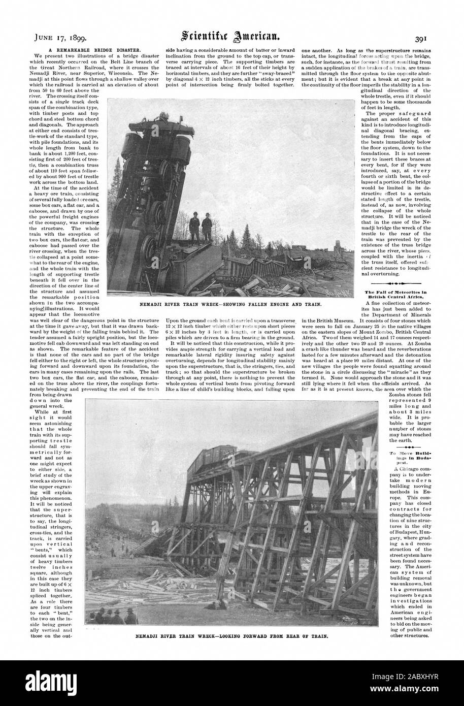 Un ponte di notevole emergenza. La caduta di meteoriti britannici in Africa centrale. Per spostare la costruzione di rimorchiatori a Buda pest. Fiume NEXADJI train wreck-guardando in avanti dalla parte posteriore del treno., Scientific American, 1899-06-17 Foto Stock