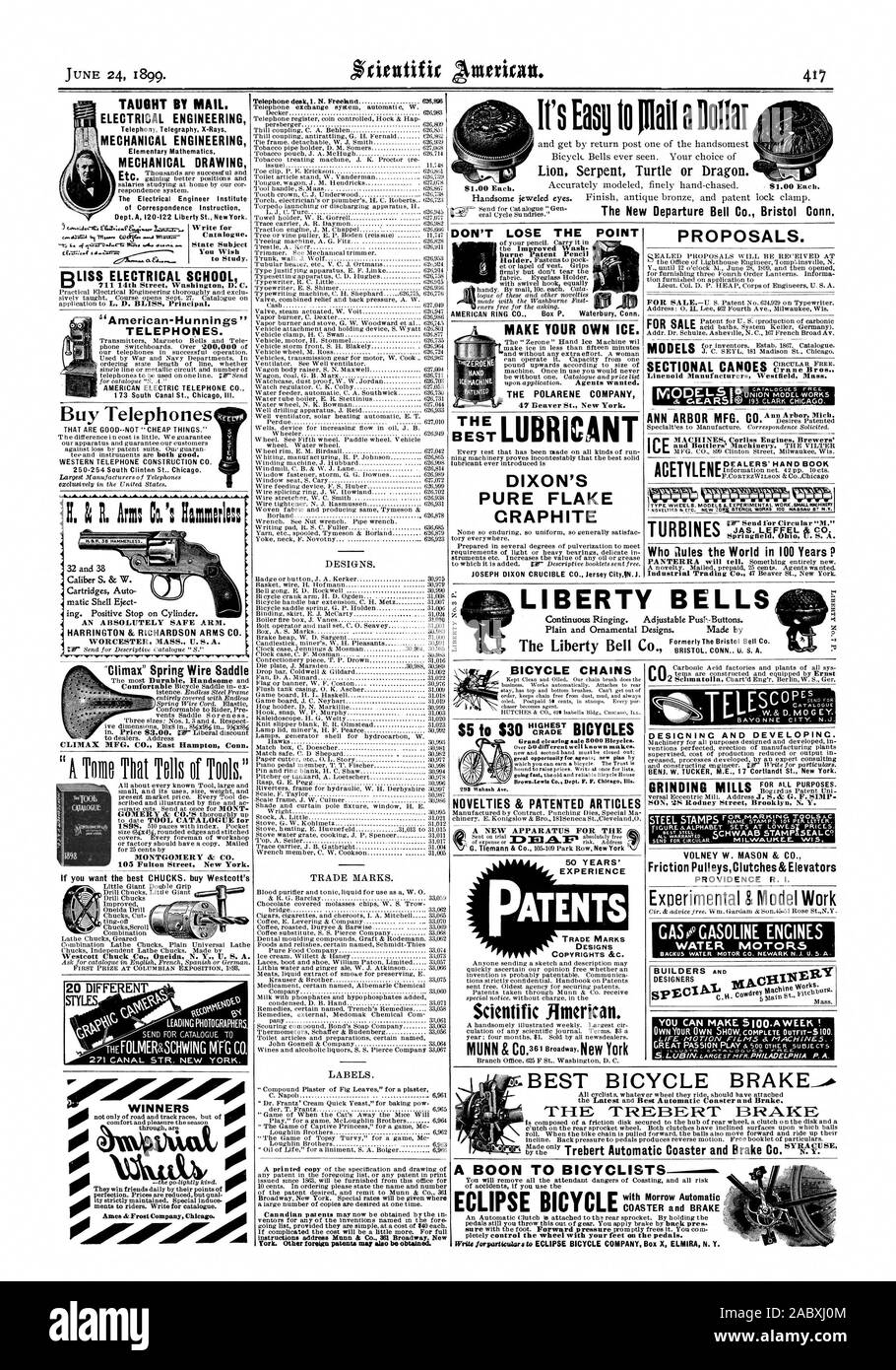 Libertà campane la Liberty Bell C precedentemente la campana di Bristol Co. BLISS SCUOLA ELETTRICA 'American-Hunnings' telefoni. Acquistare telefoni che sono buoni e non "a buon mercato cose." WESTERN TELEFONO COSTRUZIONE CO. 250-254 South Clinton Chicago st. & Arc Ca's Eammulls: UN ASSOLUTAMENTE SICURO BRACCIO. HARRINGTON & RICHARDSON ARMS CO. WORCESTER MASS. Stati Uniti A. des9.1 Telefono. N. Freeland 626996 FARE IL VOSTRO PROPRIO GHIACCIO. d xed due mi DIXON DI PURA grafite lamellare le catene per bicicletta Grand clearing vendita Bleyeles 8000. Brown.Lewls Co. Dept. F. F. Chicag morire. Novità & articoli brevettato C la progettazione e lo sviluppo. Per tutti Foto Stock