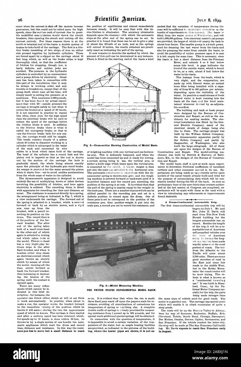 0 Trans-Continental un viaggio in automobile. Nel mese di agosto. Fig. 8 sezione trasversale che mostra la costruzione del bacino del modello. Fig. 9Modello macchina di misura. Gli Stati Uniti modello sperimentale bacino., Scientific American, 1899-07-08 Foto Stock