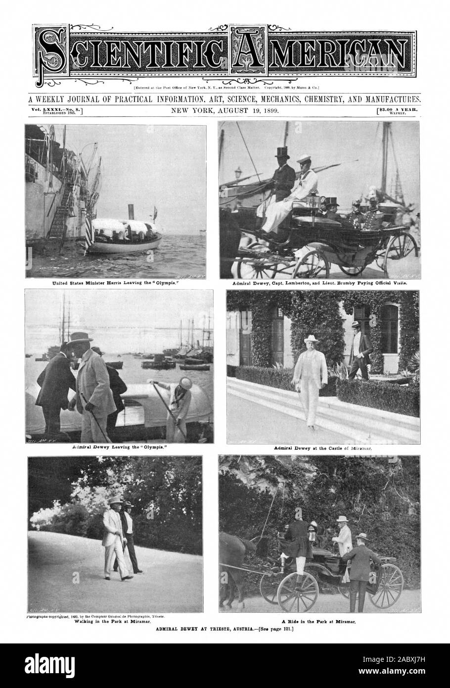 Stati Uniti il ministro Harris lasciando la "Olympia.' Admiral Dewey lasciando il ' Olympia.' Admiral Dewey Capt. Lamberton Lieut e. Brumby pagando le visite ufficiali. Admiral Dewey presso il Castello di Miramar. Passeggiate nel Parco di Miramar. Una corsa nel parco di Miramar, Scientific American, 1899-08-19 Foto Stock