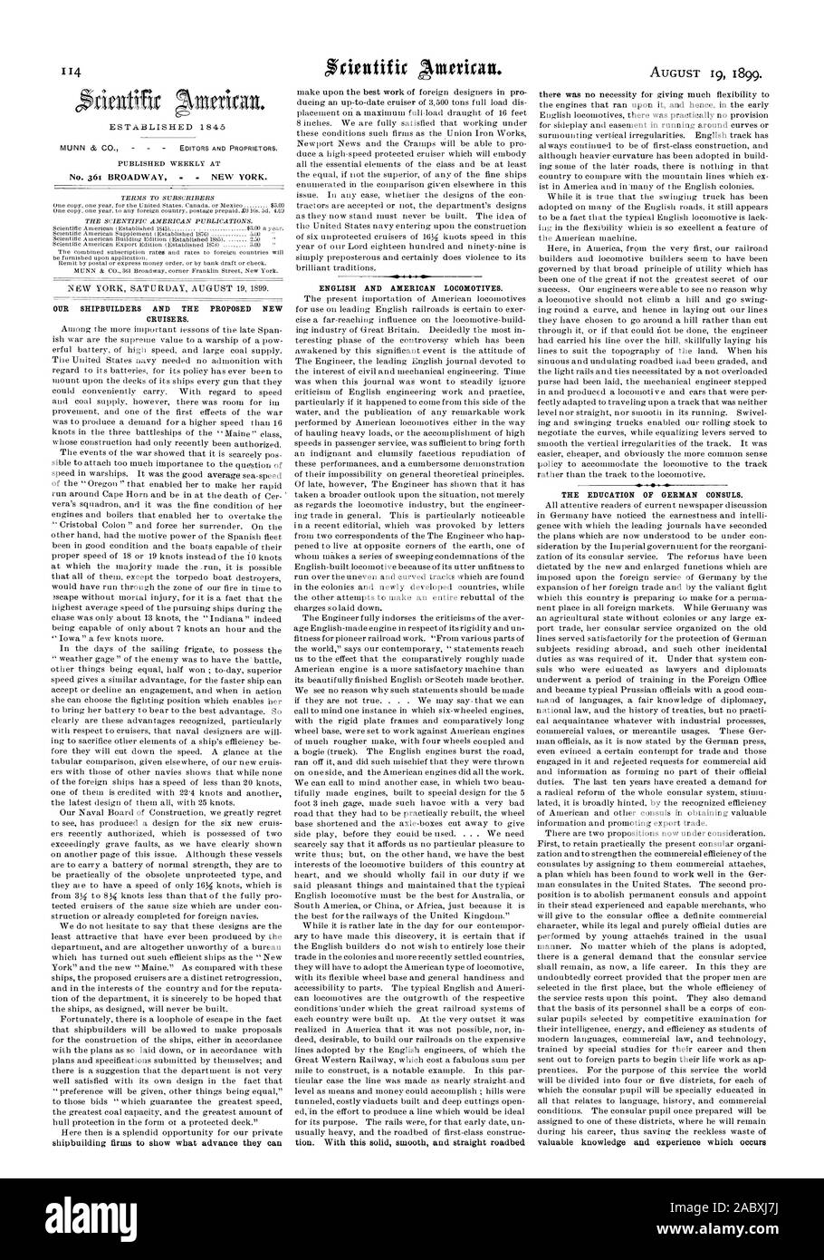 No. 361 Broadway New York. I nostri cantieri navali e la proposta di nuovi incrociatori. Inglese e American Locomotive. L EDUCAZIONE DEI CONSOLI TEDESCO., Scientific American, 1899-08-19 Foto Stock