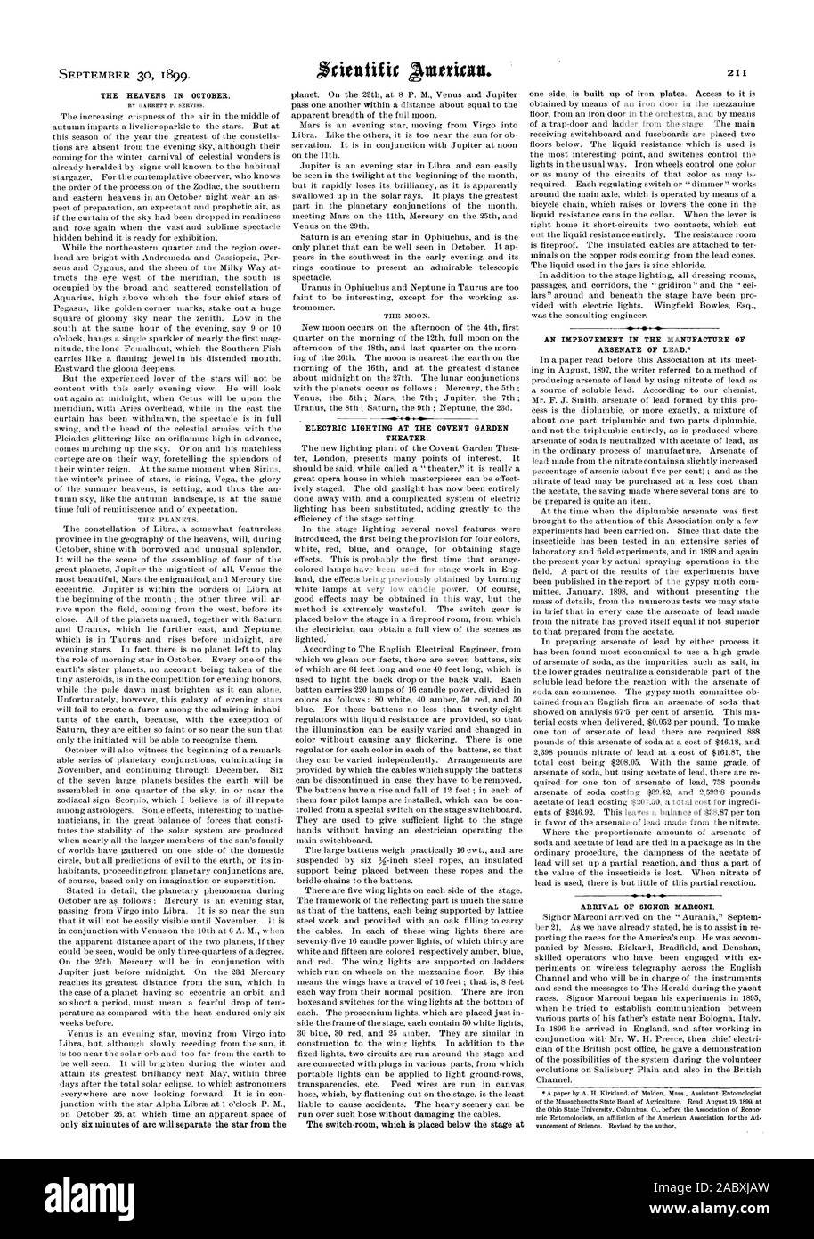 Il 30 settembre 1899. Il cielo nel mese di ottobre. Illuminazione elettrica al COVENT GARDEN Theatre. A. . Un miglioramento nella produzione di arseniato di piombo. Arrivo del signor MARCONI., Scientific American, 1899-09-30 Foto Stock