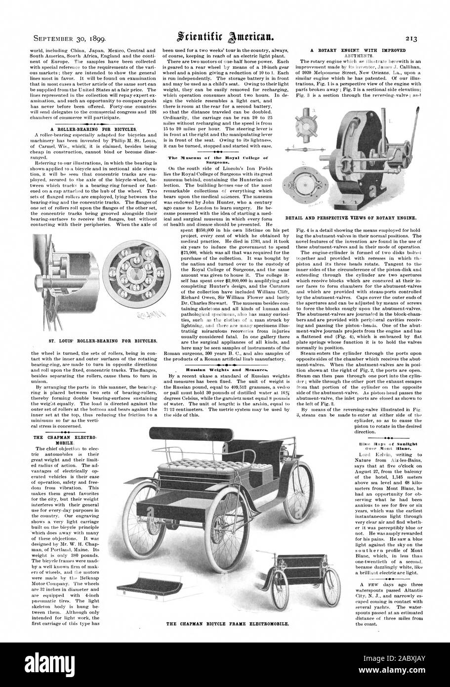 Il CH APMAN ELETTRO MOBILE il museo del Royal College of Surgeons. Il russo di pesi e misure. Un motore rotativo con riscontri migliorata. Blue raggi di luce solare su Mont Blanc. ST. LOUIS' rullo-cuscinetto per biciclette dettagli e viste prospettiche del motore rotativo. La Chapman telaio di bicicletta ELECTRA:MOBILE., Scientific American, 1899-09-30 Foto Stock