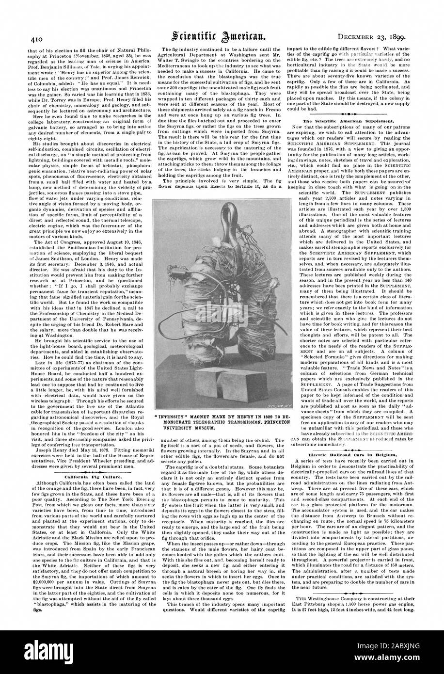 California figura della cultura. Il Scientific American Supplement. Ferrovia Elettrica automobili in Belgio. "Intensità" magnete realizzato da Henry nel 1829 al DE MONSTRATE telegrafico di trasmissione. PRINCETON UNIVERSITY MUSEUM., 1899-12-23 Foto Stock