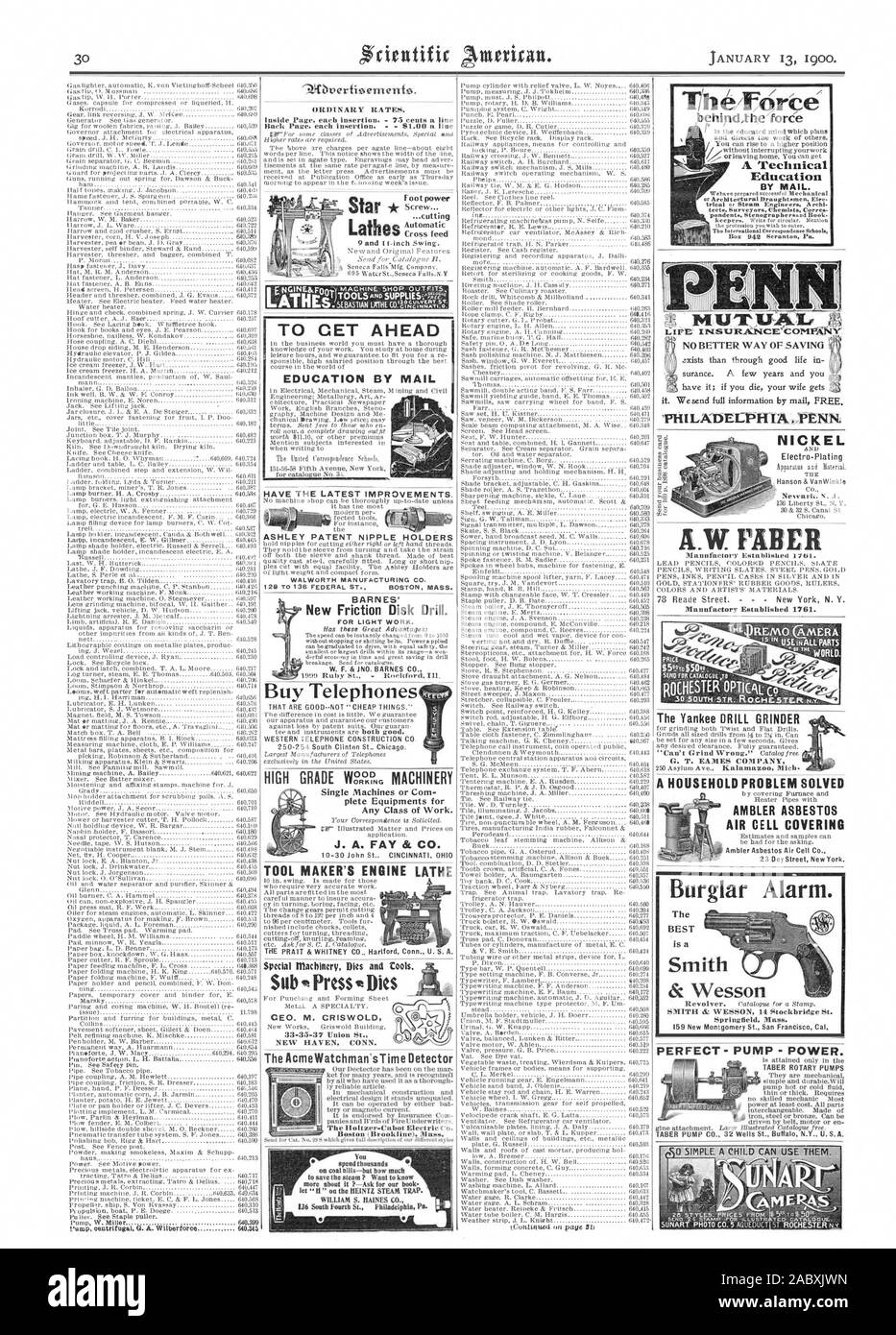 Il 13 gennaio 1900. Prezzi ordinari. All'interno di ciascuna pagina di inserimento. - 75 centesimi di una linea nella pagina di Bach ogni inserimento . 81.00 una linea nichel kW FABER Manufactory stabilito 1701. Perfetto- - Pompa di alimentazione. 4 HIGH GRADE Mg?. Macchinari per la CET precedendo l'istruzione tramite posta W. F. & JNO. BARNES CO. Acquistare telefoni presentano i più recenti miglioramenti. ASHLEY BREVETTO TITOLARI DI NIPPLO BARNES' i dischi di attrito nuovi trapano. Il AcmeWatchman'srivelatore di tempo di Boston (Brookline) strumento Mime COSTRUTTORE MOTORE TORNIO CEO. M. GRISWOLD NEW HAVEN CONN. IrherAirib behiiiclth.e'faree una istruzione tecnica DA MAIL. 14 ILI Pr N. BErrER TITOLO DI SAYINO REMO qMERA Foto Stock