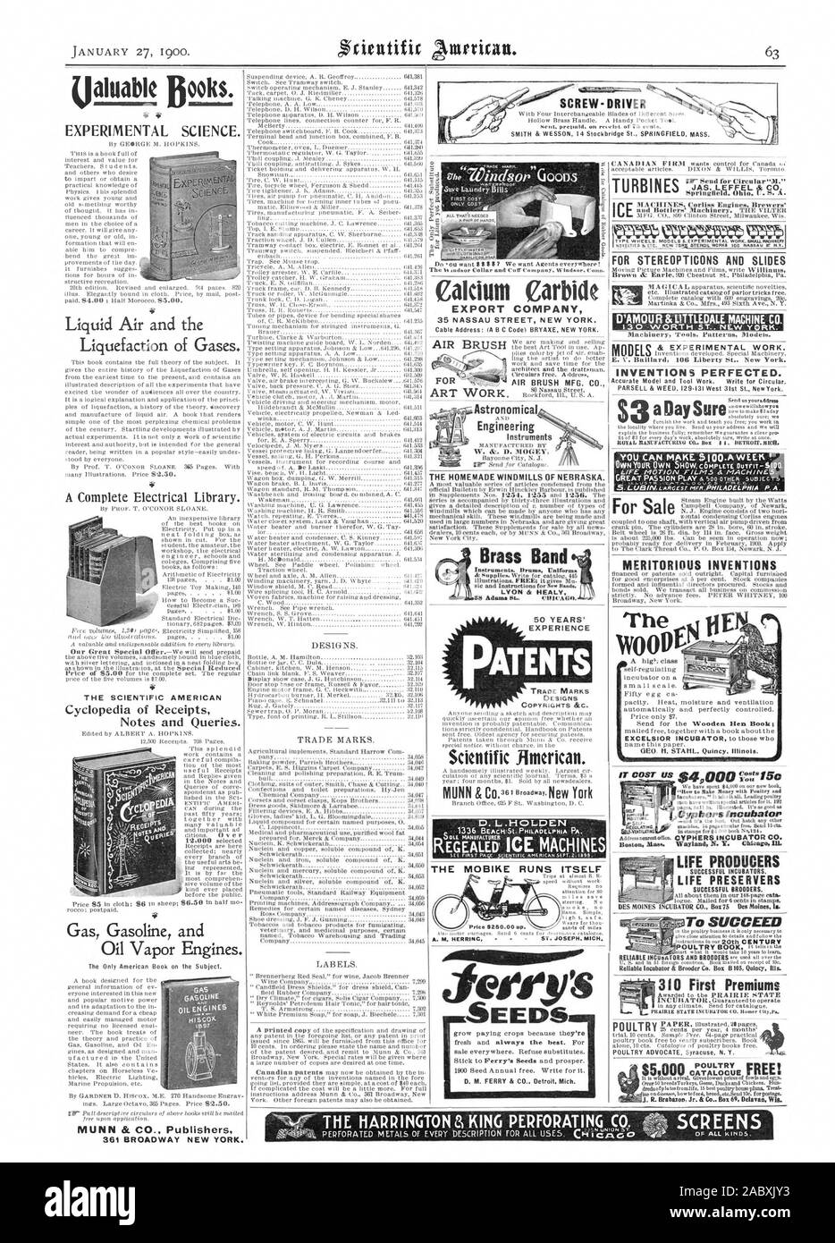 Scienza sperimentale. Disegni e modelli. Marchi commerciali. Etichette. Per STEREOPTICONS e scorre libera! L'americano scientifico dell'enciclopedia di ricevute di note e richieste. Carburo di calcio di esportazione società 35 NASSAU STREET A NEW YORK. Per AIR BRUSH MFG. Co. Ingegneria astronomico strumenti LA HOM E fece vincere DM mali del Nebraska. Banda di ottoni LYON & HEALY 50 anni di esperienza di brevetti americano scientifico. D. L .H OLDEN corre stesso buon semi della spazzola dell'aria d'amour &LITTLEDALE MACHINE CO. & Lavoro sperimentale. Modelli di invenzioni perfezionato. aDaySure riuscire 310 primi premi meritori invenzioni produttori di VITA VITA Foto Stock