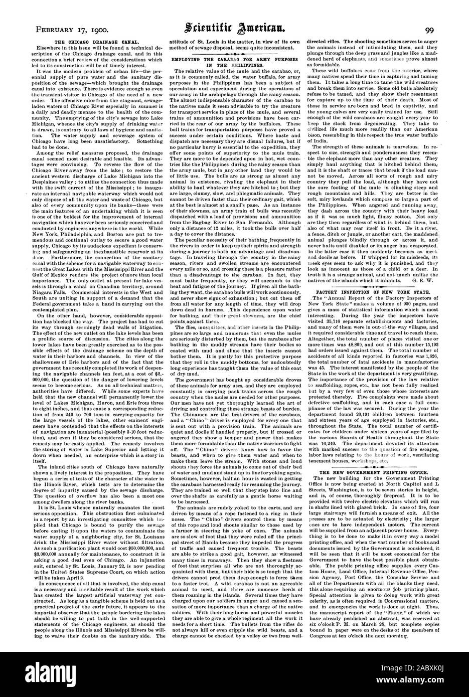Il Chicago drenaggio canale. Ispezione di fabbrica DELLO STATO DI NEW YORK. Il nuovo governo ufficio stampa. Impiegando il CARABAO per scopi militari nelle Filippine., Scientific American, 1900-02-17 Foto Stock