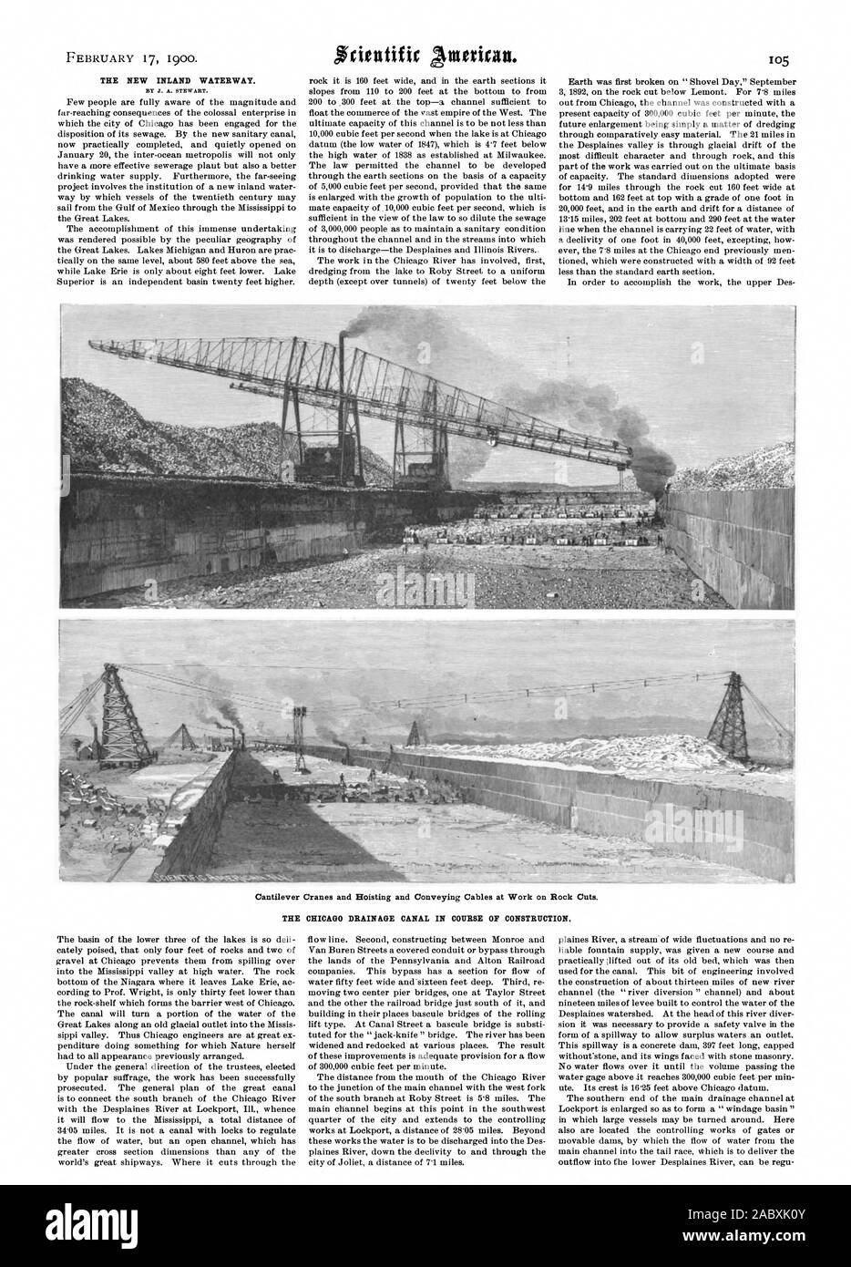 La nuova VIA NAVIGABILE. Gru a sbalzo e il sollevamento ed il trasporto di cavi in opera su roccia tagli. Il Chicago drenaggio canale IN CORSO DI COSTRUZIONE., Scientific American, 1900-02-17 Foto Stock