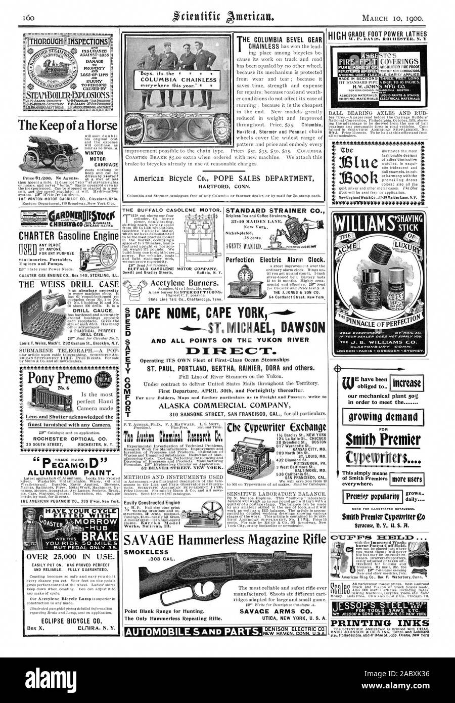 Di Smith Premiers ovunque. FIRE- feltro AGRESTOs puro 5'105 rivestimenti assolutamente a prova di minerale. H.w.10MN MATERIALE DI AMIANTO; 'MIA A ID pollici. S M'F'G C RADE LANIA BOSTON. Come o materiali elettrici. colori ; anche tutti i WILLIAMSTANG LONDRA %PARIGI - DCOEN SY DIN EY., Scientific American, 1900-03-10 Foto Stock