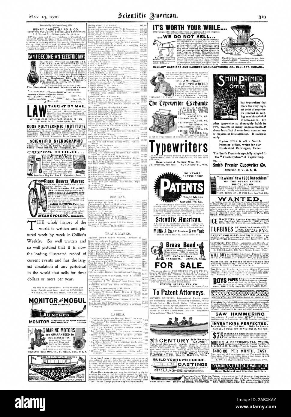 HENRY CAREY BAIRD & CO. Per gli avvocati di brevetti. Lancio FA CTCRING CO. Casella D RACINE WIS. ONITOROMOGUL RIDER si ricercano agenti LA TAUCliT DA MAIL ROSE POLITECNICO ISTITUTO SCIENTIFICO SMARINE STENOGRAFICHE MOTORS progetta. Marchi commerciali. Etichette. Visto HAMMERINC invenzioni perfezionato. 400 $ 00 al mese facile. I MODELLI D'AM 0 UR & LI MULO MACHINE CO. Vale la pena di 130 5T DI NEW YORK. Realizzare modelli di qualsiasi macchina per l'ordine. Vale la pena il vostro mentre .NON VENDIAMO. ELKHART CARRIACE E IL SISTEMA DI CAVI MANUFACTURINC CO. ELKHART. INDIANA. La AMERICAN $10 Nastri inchiostratori per macchine da scrivere i nastri inchiostratori per macchine da scrivere Exchange ypewriters Hawthorne & SHEBLE MFG. CO. Brass Band Foto Stock