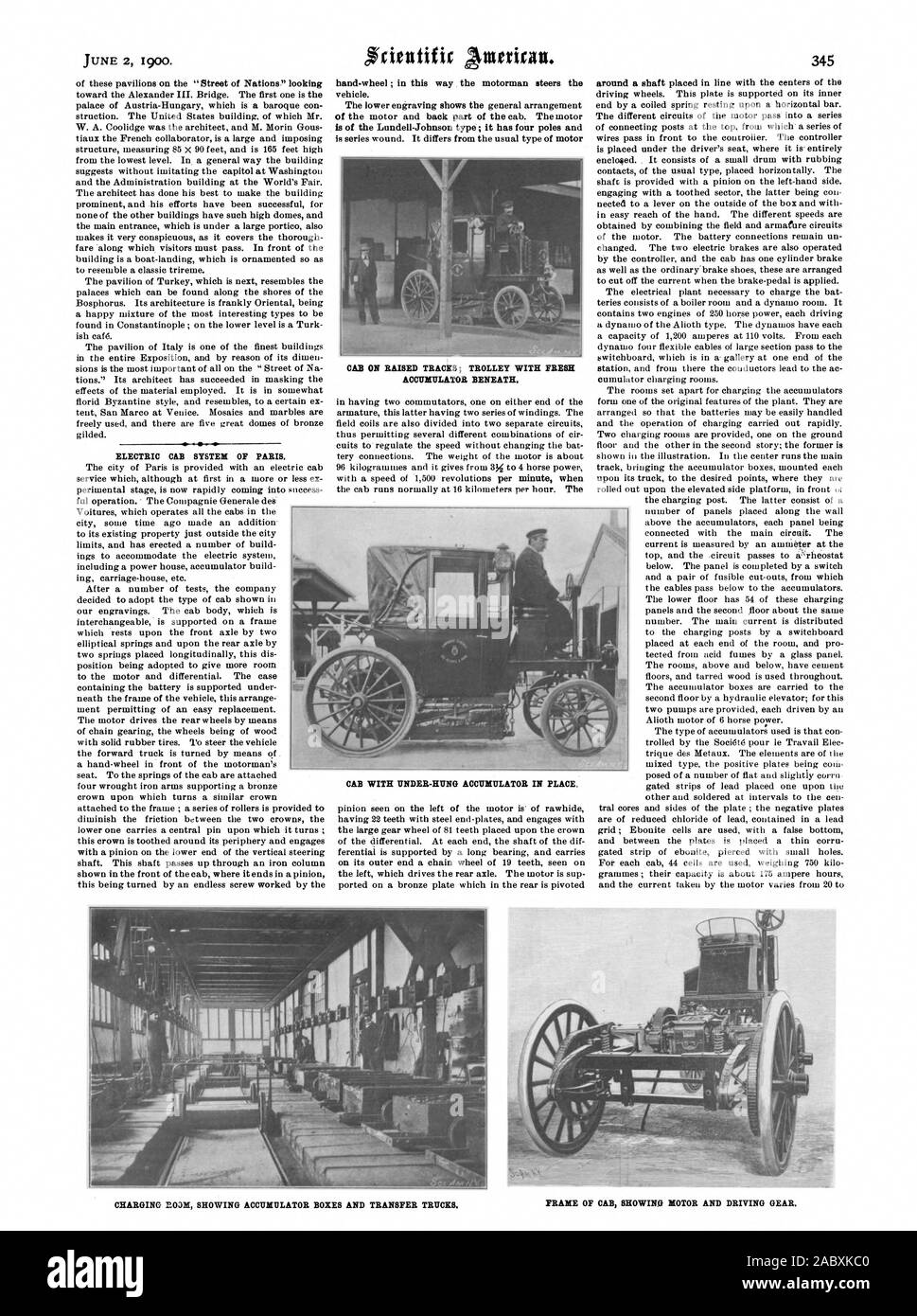 Il 2 giugno 1900. Cabina elettrica sistema di Parigi. mano-ruota; in questo modo il motorman sterza il veicolo. L'incisione inferiore mostra la disposizione generale è del tipo Lundell-Johnson ; ha quattro poli e cabina sollevata su piste; carrello con accumulatore di fresco al di sotto e intorno a un albero posto in linea con i centri della carica pag.0331 che mostra le caselle di accumulatore e carrelli di trasferimento. Il telaio della cabina SHOWINO MOTORE E INGRANAGGIO GUIDA., Scientific American, 1900-06-02 Foto Stock