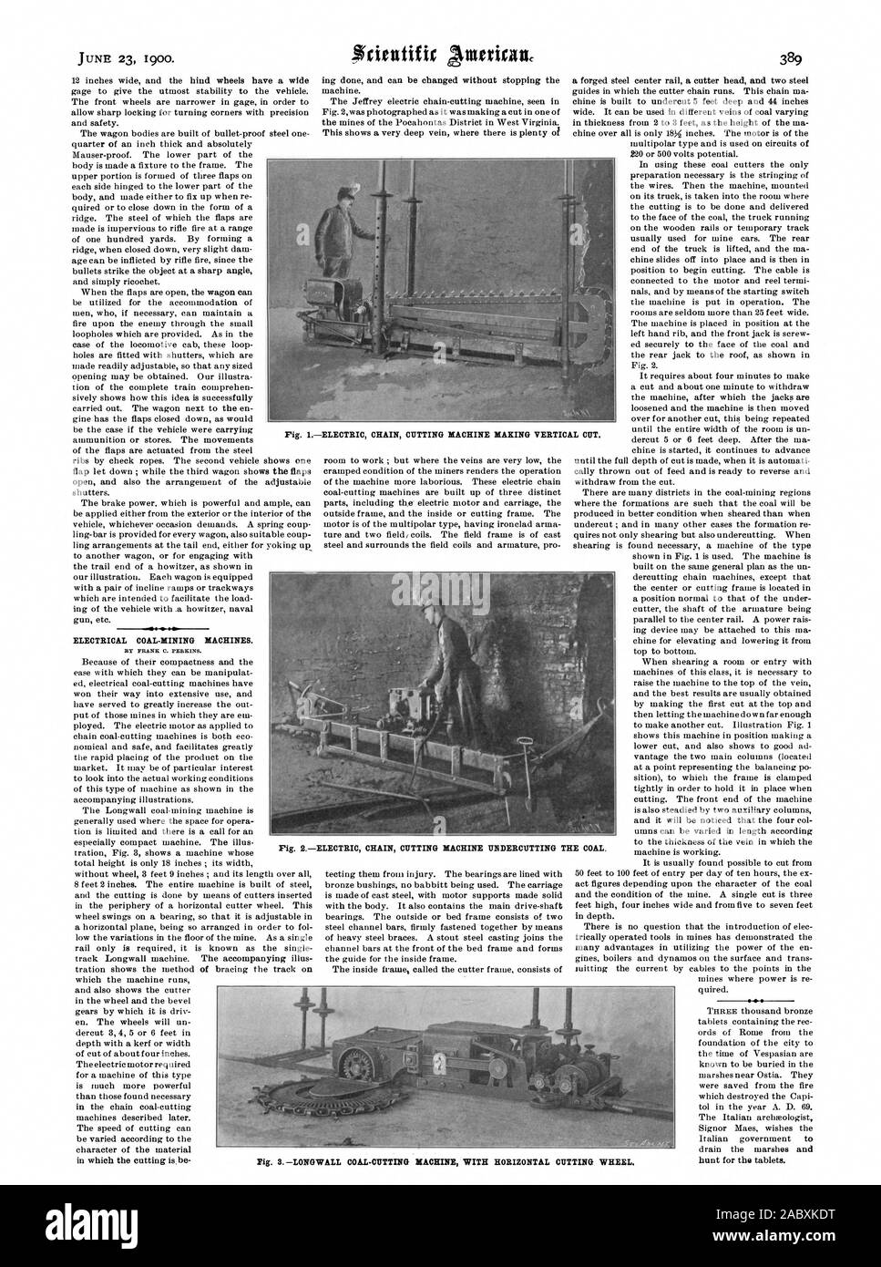 Antericane scientifica 389 elettrica a carbone di macchine per estrazione mineraria. Da FRANK C. PERKINS. caccia per le compresse. Fig. IELECTRIC macchina tagliatrice a catena facendo un taglio verticale. Fig. 3LONGWALL CARBONE-macchina di taglio orizzontale ruota di taglio., Scientific American, 1900-06-23 Foto Stock