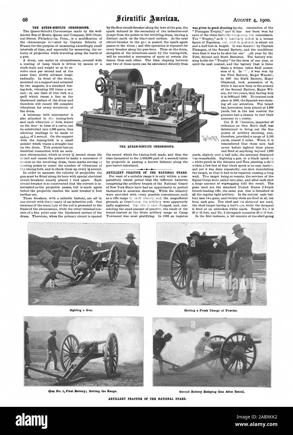 Come ottenere una carica fresca di polvere. Pistola n. 1 Prima batteria; ottenere la gamma. Seconda batteria alla stabulazione pistola dopo il rinculo pratica di artiglieria OP la guardia nazionale., Scientific American, 1900-08-04 Foto Stock