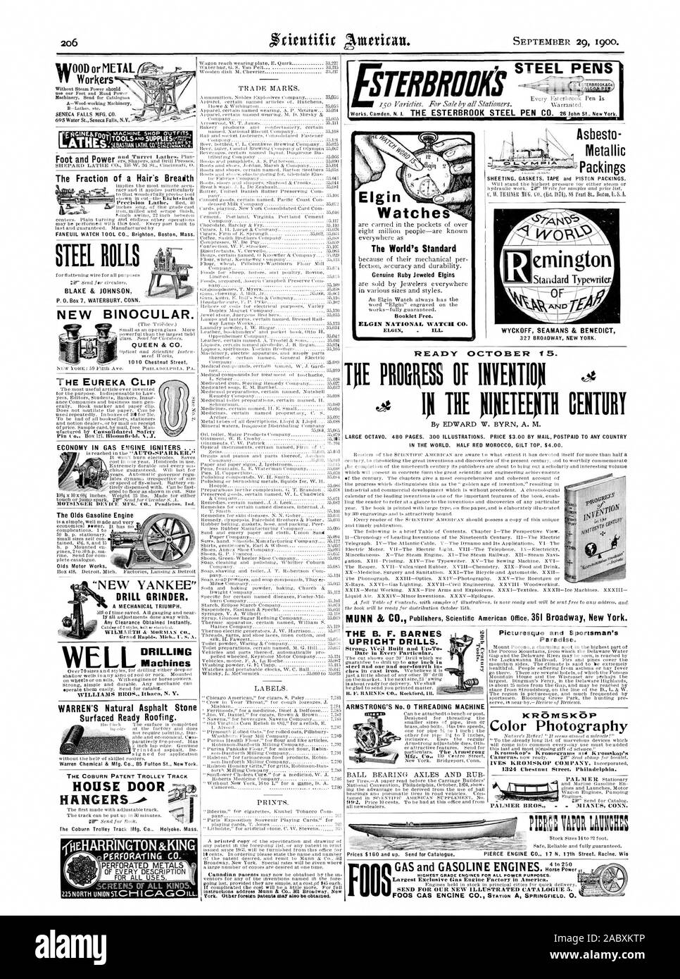 W OOD o metallo H LAVORATORI LA CLIP di EUREKA ECONOMIA NEL MOTORE A GAS ACCENDITORI . 8.0 racKings metallico emington Typewritex Standard. WYCKOFF SEAMANS & Benedetto 2 Elgin orologi lo standard mondiale ELGIN NATIONAL WATCH CO. Pronti ottobre. Il B. F. BARNES MONTANTE Trapani. Il paradiso. XR5MSX5e fotografia a colori rotoli di acciaio BLAKE & JOHNSON NUOVO binocolo. QUEEN & CO. 'Nuovo' Yankee smerigliatrice trapano. WEL macchine foratrici WARREN naturali della pietra di asfalto manti di copertura pronto casa porta appendiabiti   il Olds motore a benzina q, Scientific American, 1900-09-29 Foto Stock