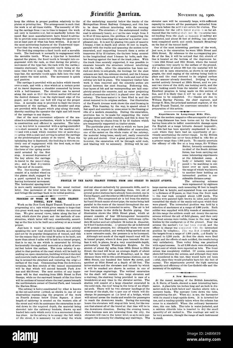 Avanzamento dei lavori per il Rapid Transit TUNNEL DI NEW YORK. Esperimenti in Long-range Rifle Fire. Un nuovo barometro. RAPID TRANSIT TUNNEL DA 103d STREET A BAILEY AVENUE., Scientific American, 1900-11-24 Foto Stock