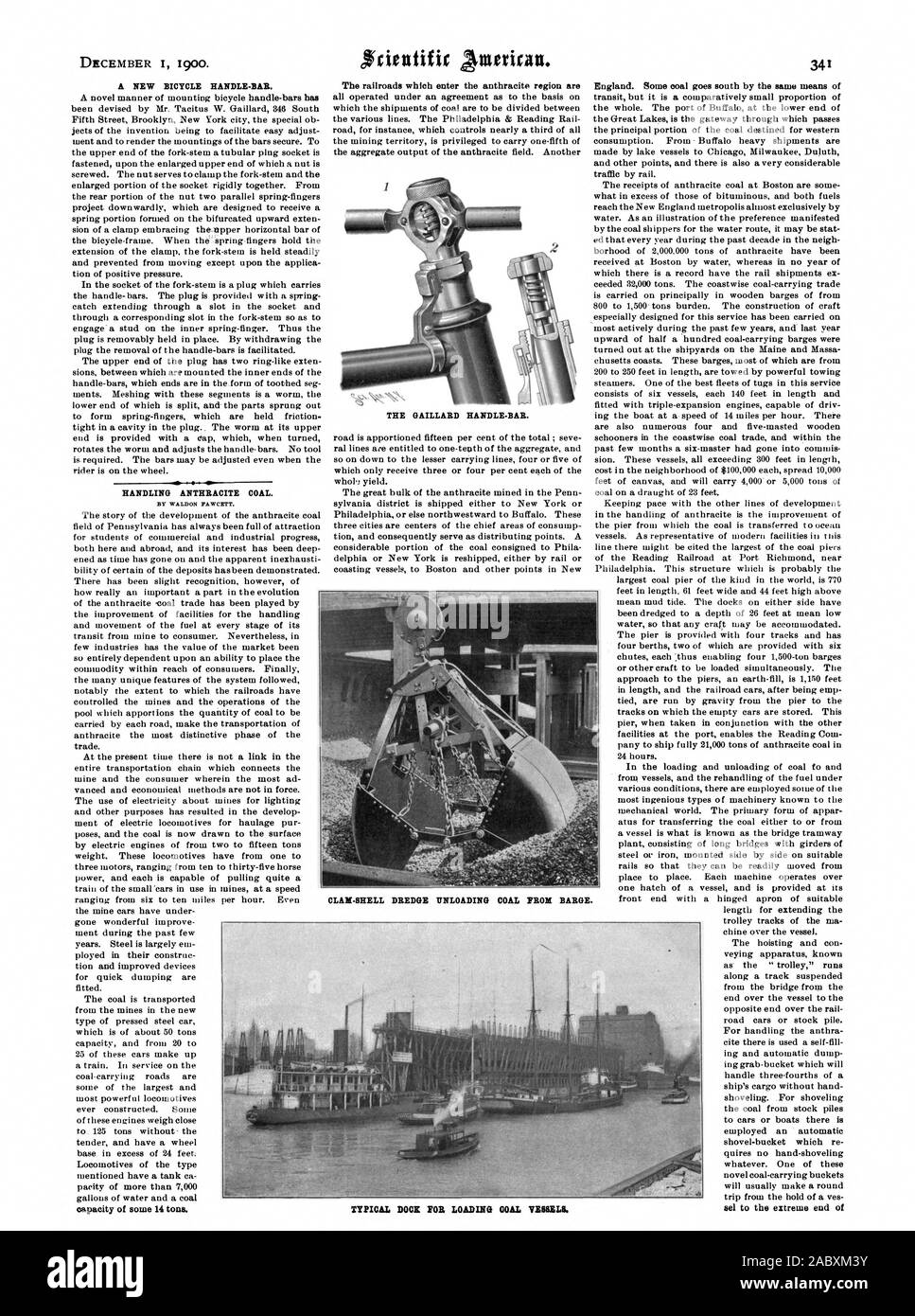 Dicembre ho 1900. Una bicicletta nuova maniglia-BAR. Manipolazione di Antracite Carbone. Da WALDON FAWCETT. capacità di circa 14 tonnellate. Le ferrovie che entrano nella regione di antracite sono la maniglia GAILLARD-BAR. In Inghilterra. Alcuni carbone va a sud con lo stesso mezzo di dock tipico per il caricamento di navi di obiettivo., Scientific American, 1900-12-01 Foto Stock