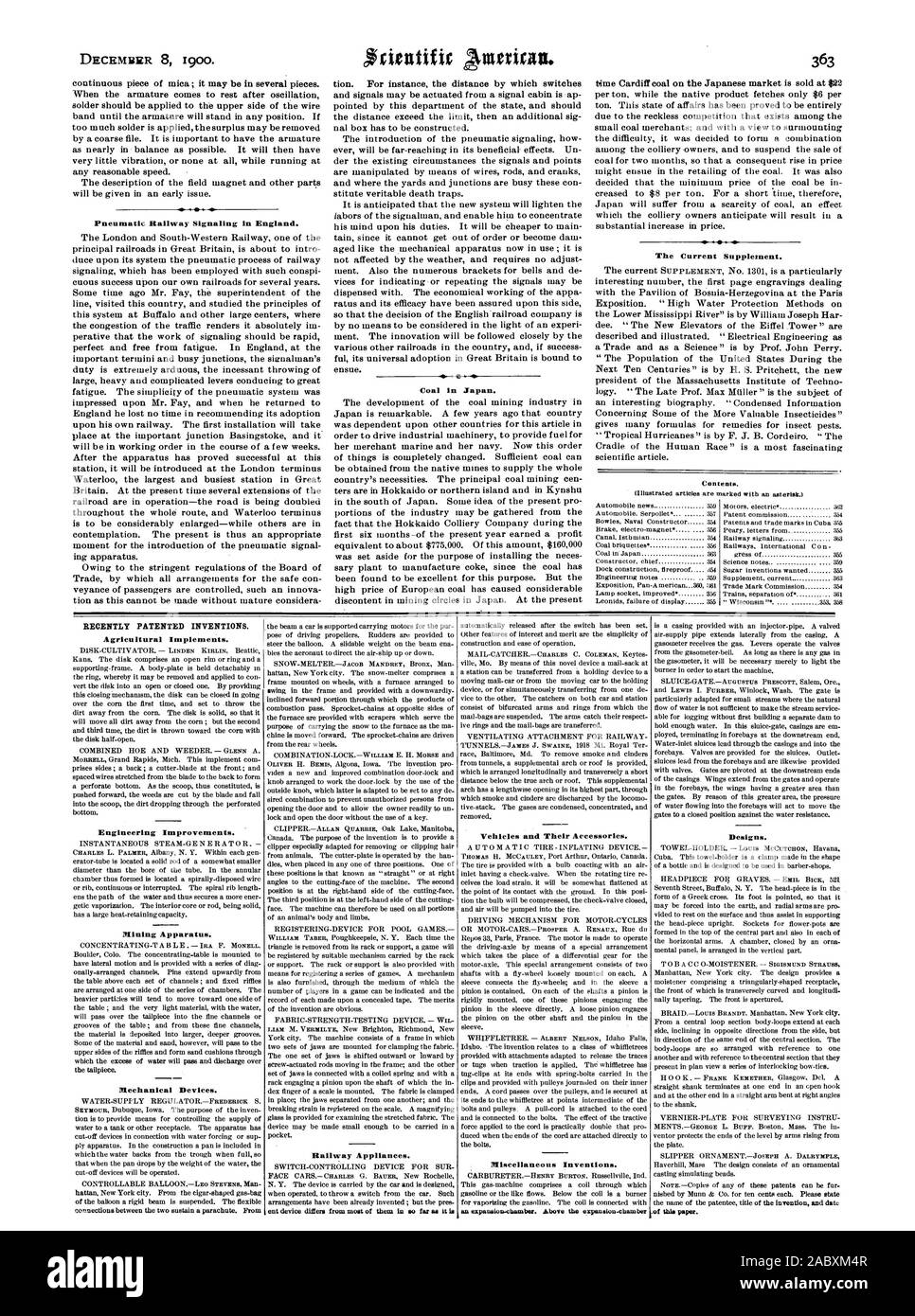 8 dicembre 1900. Pneumatico di segnalazione ferroviaria in Inghilterra. Carbone in Giappone. L'attuale supplemento. Recentemente invenzioni brevettate. Attrezzi Agricoli. Miglioramenti di ingegneria. Apparato di data mining. Dispositivi meccanici. Apparecchiature ferroviarie. I veicoli e i loro accessori. Varie invenzioni. Un expatudon-claamber. Al di sopra della espansione-design della camera. di questa carta., Scientific American, 1900-12-08 Foto Stock