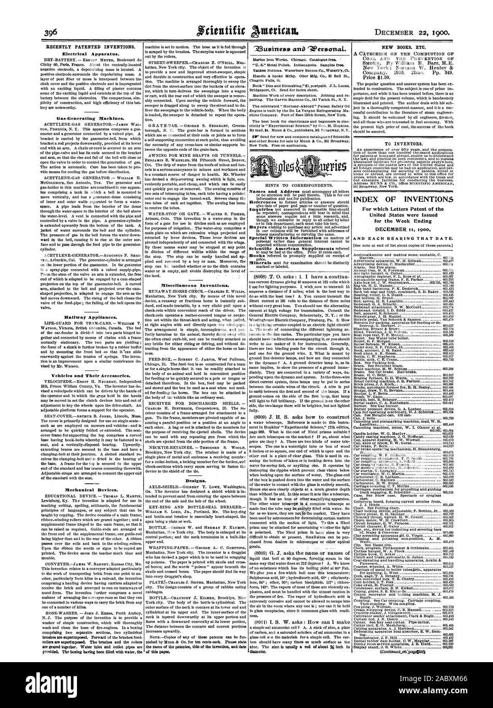 Recentemente invenzioni brevettate. Apparecchio elettrico. Macchine Gas-Generating. Apparecchiature ferroviarie. I veicoli e i loro accessori. Dispositivi meccanici. rulli sono sovrapposti. Le spazzole e i rulli sono orientate insieme. Ingresso di acqua aggiungere le tubazioni di uscita sono previsti. n. il pugilato che è stato coltivato con acqua le varie invenzioni. Design. Il nome del titolare del titolo della invenzione e la data di questa carta. "Zuzinezz ana 'WersonaL. Chagrin Falls 0. La macchina opera di ogni descrizione. Lavoro in conto trasformazione e-re l'associazione. La Garvin Machine Co. 141 Varick St N. Y. Il celebre ' Hornsby-Akroyd Foto Stock