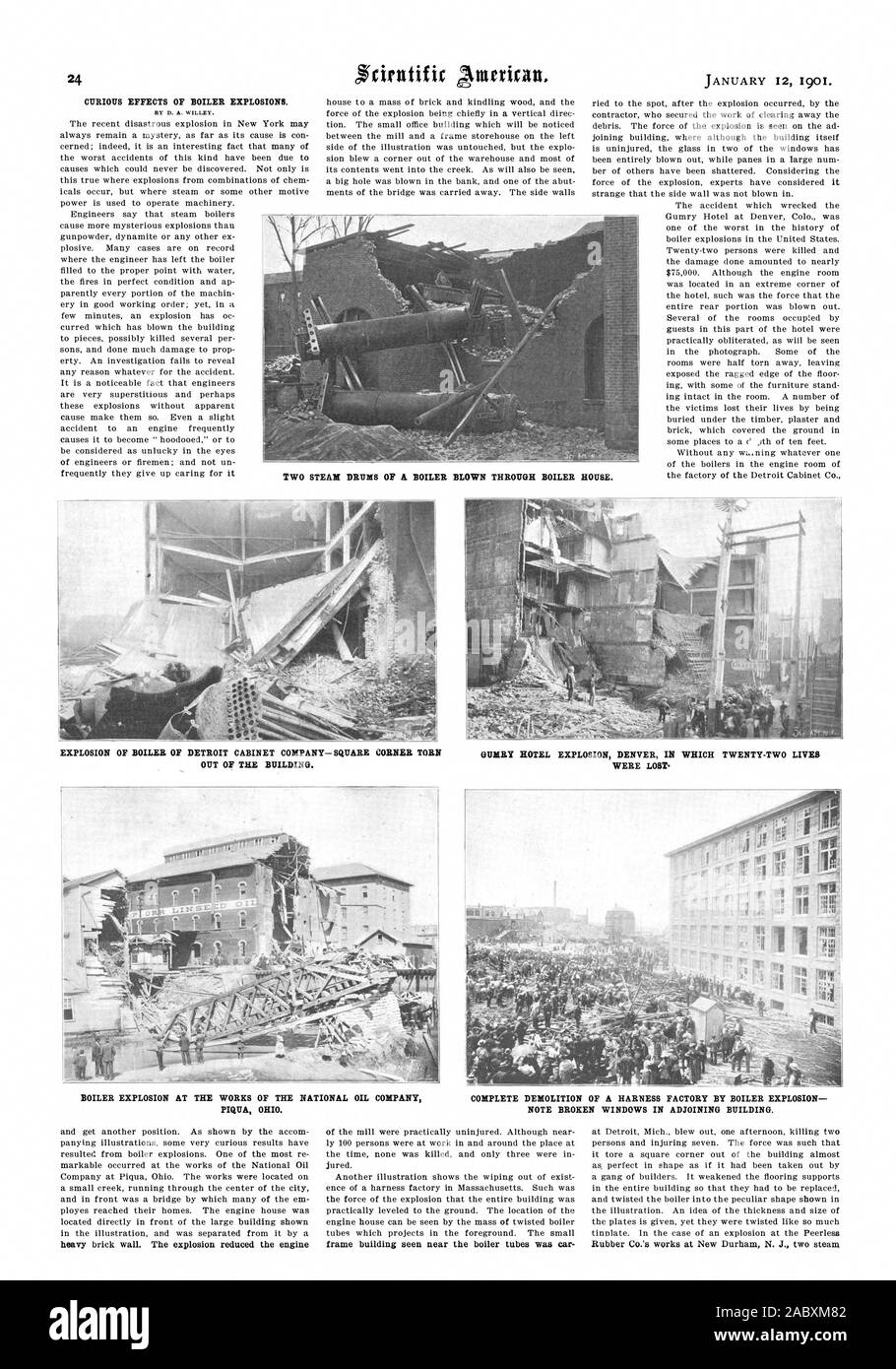 Il 12 gennaio 1901. Curiosi effetti di esplosioni di caldaia. Da D. A. WILLEY. Due i tamburi del vapore di una caldaia soffiata attraverso la caldaia casa. Esplosione della caldaia del CABINET DI DETROIT COMPANY-angolo quadrato strappata GUMRY HOTEL DENVER di esplosione in cui ventidue vive al di fuori dell'edificio. Sono stati persi caldaia esplosione presso le opere della National Oil Company PIQUA OHIO. Completa DEMOLIZIONE DI UNA FABBRICA DI CAVI dalla caldaia esplosione nota finestre rotte in edificio adiacente. pesante parete di mattoni. L'esplosione ha ridotto il telaio motore palazzo visto in prossimità della caldaia tubi di gomma auto Co. lavora a New Durham N. J. due Foto Stock