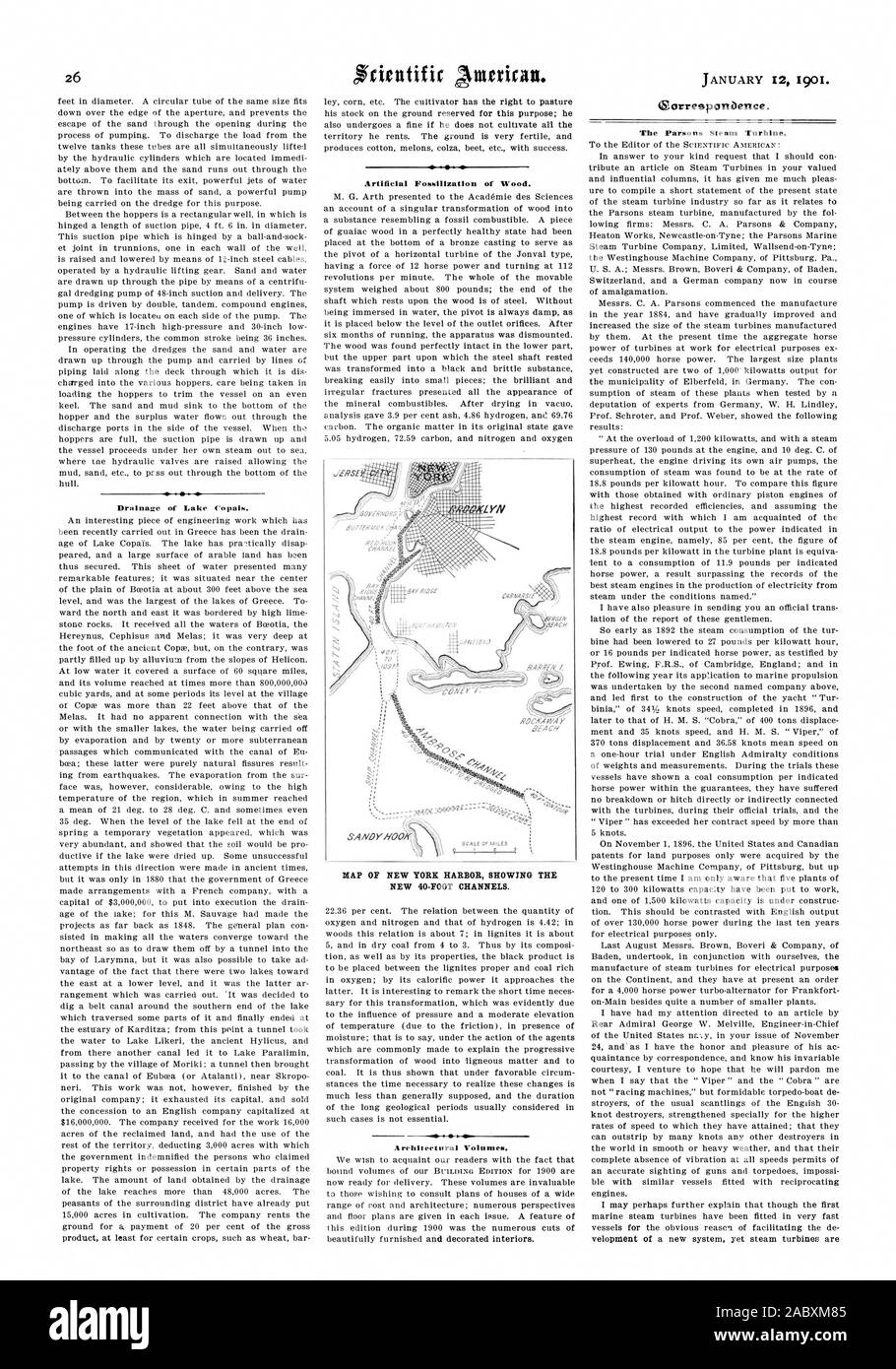 26 il drenaggio del Lago di opali. Ncientific atterican. Fossilizzazione artificiale di legno. Mappa del porto di New York che mostra il nuovo 40-piede canali. Volumi architettonici. Il 12 gennaio 1901. La Parsons turbina a vapore. dERSE YN, Scientific American, 1901-01-12 Foto Stock
