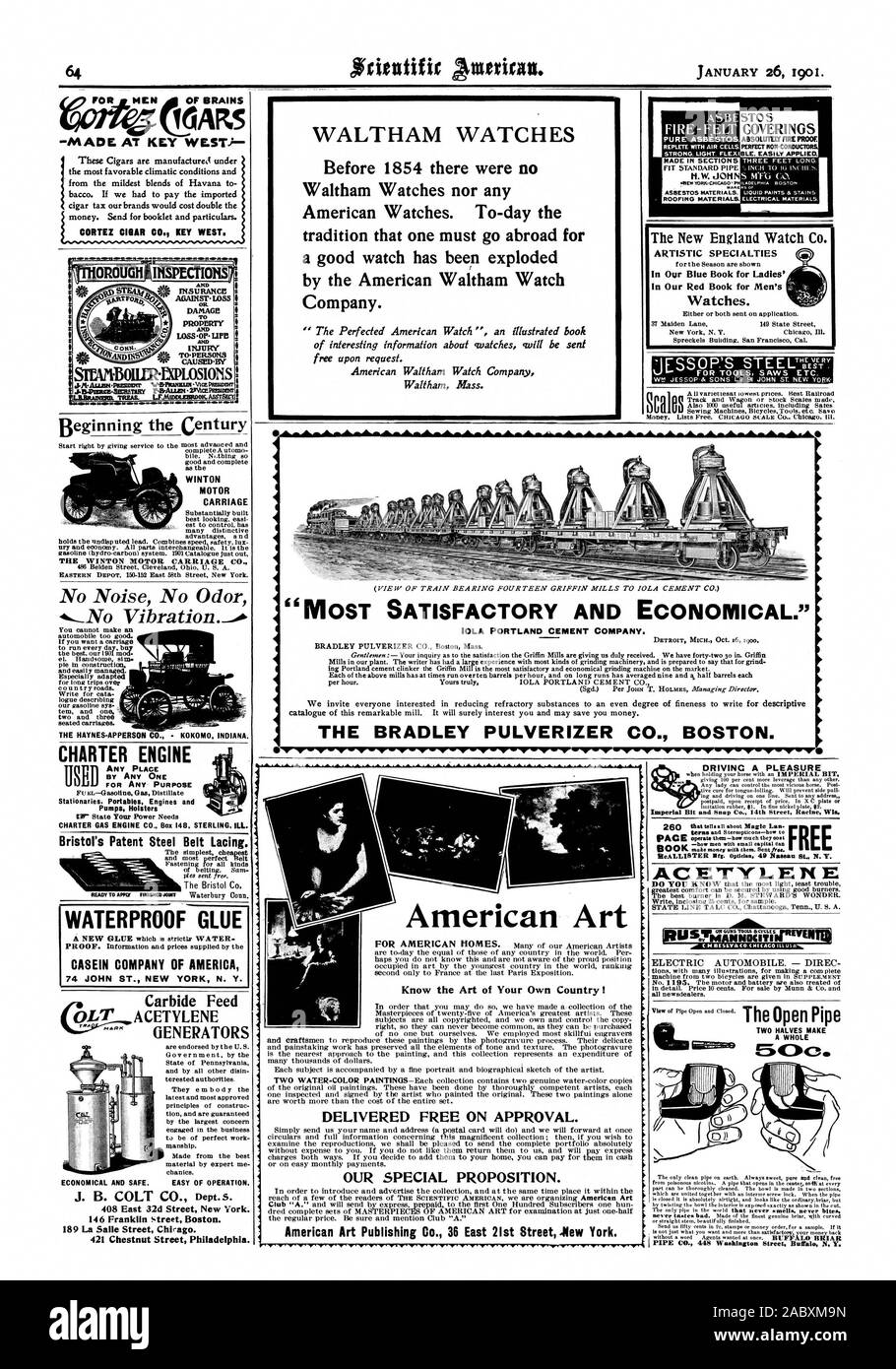 Dalla American Waltham Watch Company. Consegna gratuita su approvazione. La nostra proposta speciale. American Art Publishing Co. 36 East 21st Street lew York. CHARTER MOTORE ASBiSTOS puro. Piena con celle di aria. Forte. Luce. FLEXI REALIZZATI NELLE SEZIONI H. W. .JOHN MARC materiali di copertura. Rivestimenti STOs assolutamente a prova di fuoco perfetto RON-COMWCT BLE. Facilmente applicabile. Materiali elettrici. La Nuova Inghilterra Watch Co. Specialità artistica nel nostro libro blu per Ladies' nel nostro libro rosso per orologi da uomo., Scientific American, 1901-01-26 Foto Stock