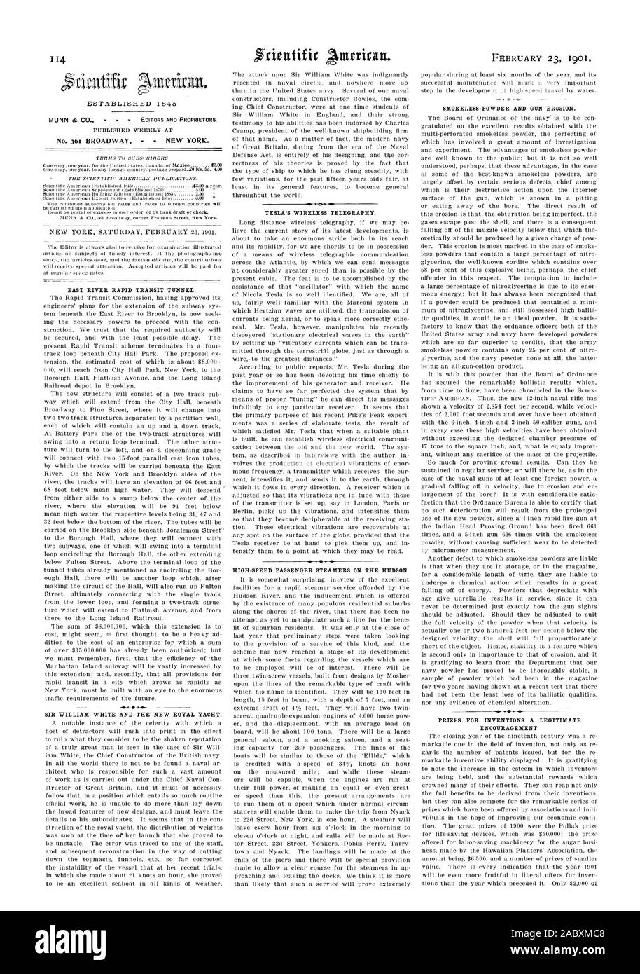 Istituito 184ô n. 361 Broadway New York. NEW YORK sabato 23 febbraio 1901. EAST RIVER Rapid Transit tunnel. SIR WILLIAM WHITE E IL NUOVO ROYAL YACHT. TESLA A telegrafia senza fili. Polvere senza fumo e la pistola di erosione. Premi per le invenzioni di un legittimo incoraggiamento, Scientific American, 1901-02-23 Foto Stock