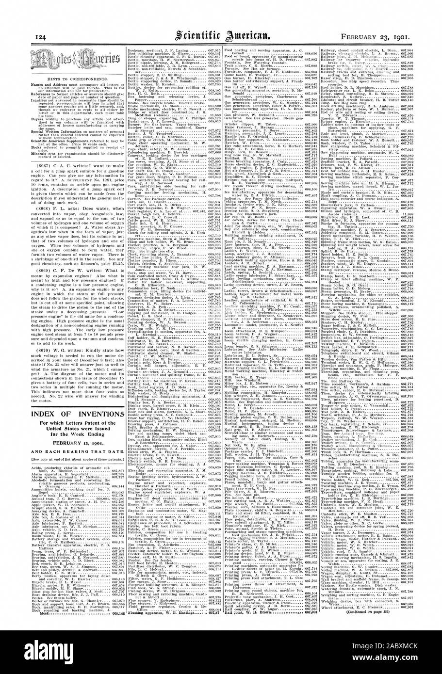 Indice delle invenzioni per le quali lettere di Brevetto degli Stati Uniti sono stati rilasciati per i fine settimana e ogni cuscinetto che data., Scientific American, 1901-02-11 Foto Stock