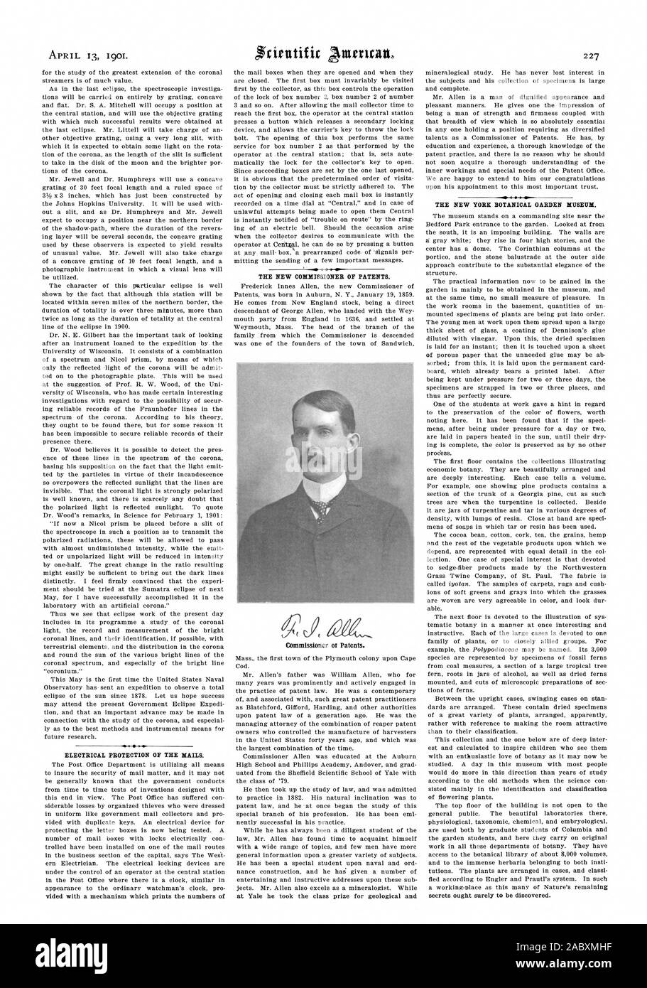 Il 13 aprile 1901. Protezione elettrica del mail. Il nuovo Commissario dei Brevetti. Signor Commissario ot brevetti. Il NEW YORK GIARDINO BOTANICO MUSEO., Scientific American, 1901-04-13 Foto Stock