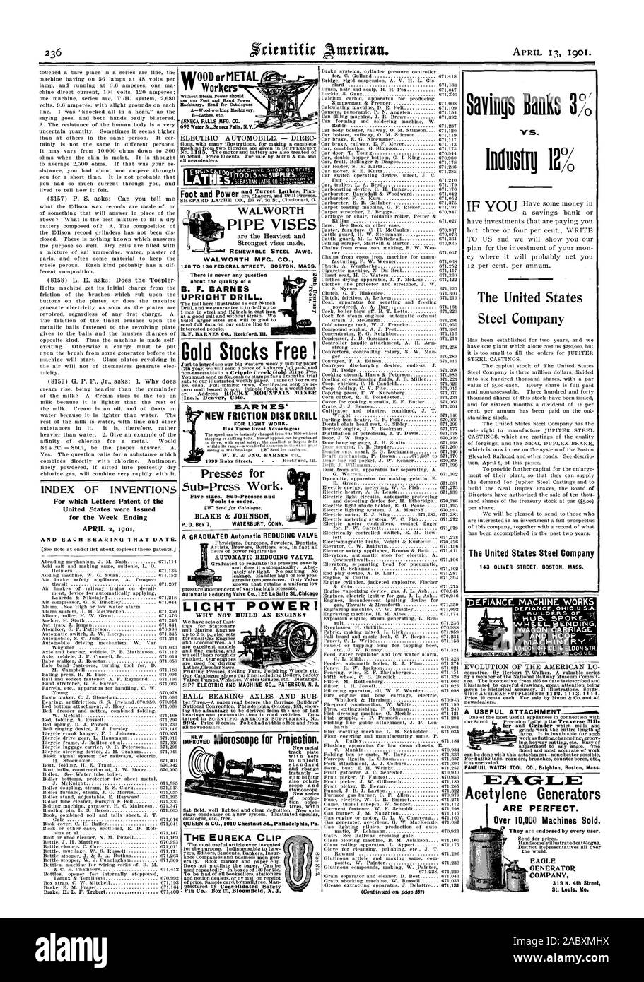 Indice delle invenzioni per le quali lettere di Brevetto degli Stati Uniti sono stati rilasciati per i fine settimana e ogni cuscinetto che data. Il freno. H. L. F. Trebert 671409 un HEs.' WALWORTH TUBO MORSE rinnovabile ganasce in acciaio. Da 128 a 136 FEDERAL STREET BOSTON non vi è mai una questione circa la qualità di un B. F. BARNES UPRICHT trapano. Gold Stocks Gratis ! Un laureato automatico della valvola di riduzione automatica della valvola di seducenti Co.125 LaSalle St.ChIcag LICHT potenza! Perché non costruire un motore? SIPP ELETTRICO E MACCHINA CO PATERSON N. 1 implfolED microscopio per proiezione. FANEUIL guarda l'attrezzo CO Brighton Boston Massachusetts L'acetilene Foto Stock