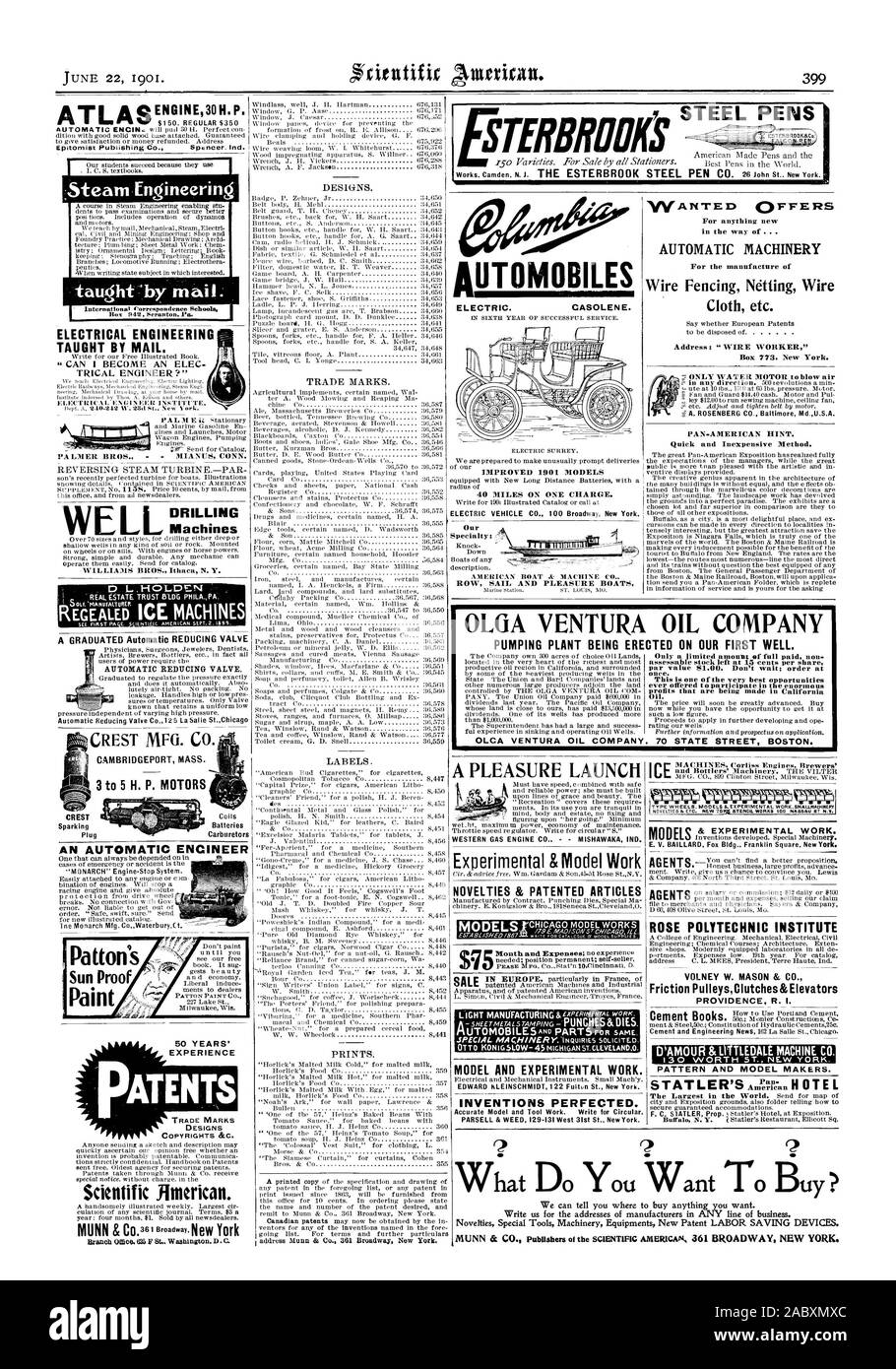 GASOLENE. Migliorati i modelli 1901 40 miglia con una sola carica. Volevo offre macchinari automatici PAN-AMERICAN suggerimento. Rapido e poco costoso metodo. WEL macchine foratrici INGEGNERIA ELETTRICA INSEGNATA DA MAIL. "Posso diventare un ELEC TRICAL ENGINEER?' CREST UN INGEGNERE automatico automatico della valvola di riduzione. CAMBRIDGEPORT MASS. Fila A VELA E BARCHE DA DIPORTO MODELLO E lavoro sperimentale. EDWARD KLEINSCHMIDT 122 Fulton San New York. Invenzioni perfezionato. PARSELL & WEED 129-131 West 31st St New York. Un piacere lanciare WESTERN GAS MOTORE CO MISHAWAKA IND. Novità & articoli brevettato ROSE Istituto Politecnico Foto Stock