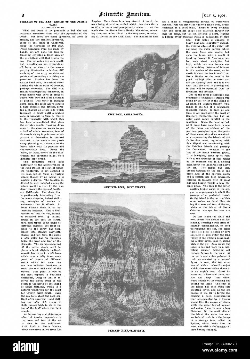 Piramidi di DEL MAR-erosione sulla costa del Pacifico. ARCH ROCK SANTA MONICA. SENTINEL ROCK POINT FIRMAN. PYRAMID CLIFF CALIFORNIA., Scientific American, 1901-07-06 Foto Stock