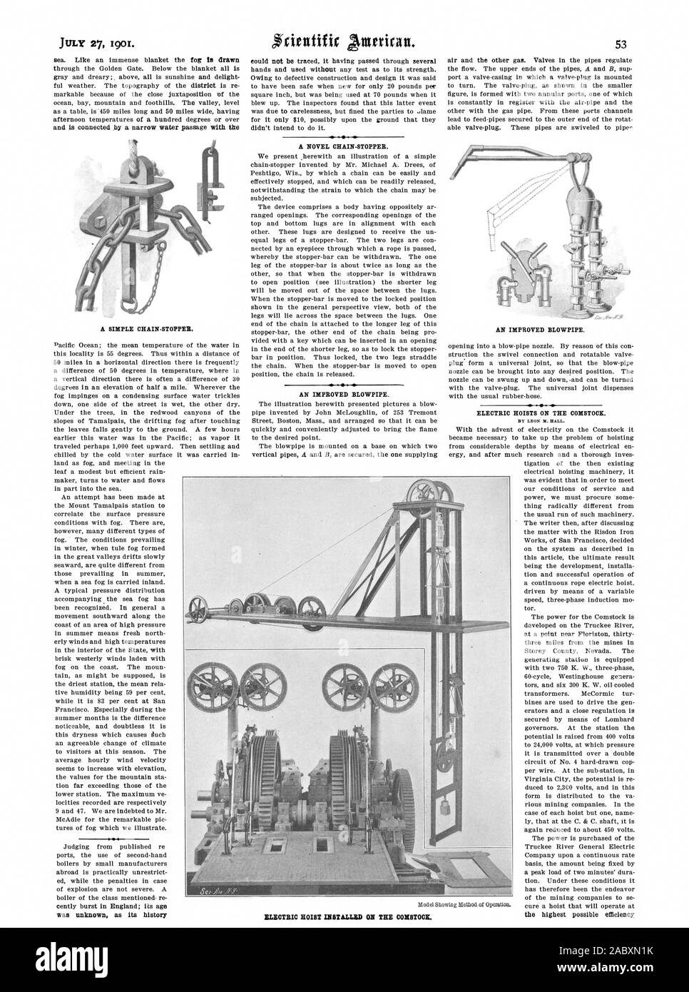 Era ignoto come la sua storia un nuovo terminatore di catena. Un cannello migliorata. Un cannello migliorata. Paranchi elettrici sul COMSTOCK. Da LEON M. HALL. Paranco elettrico installato sul COMSTOCK., Scientific American, 1901-07-27 Foto Stock