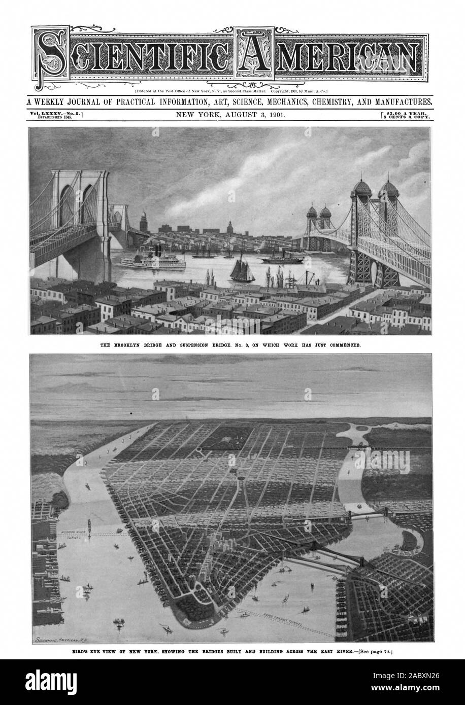 Ho 8 centesimi una copia. Stabilito 1845. Il ponte di Brooklyn e il ponte di sospensione. No. 3 il cui lavoro ha appena iniziato., Scientific American, 1901-08-03 Foto Stock