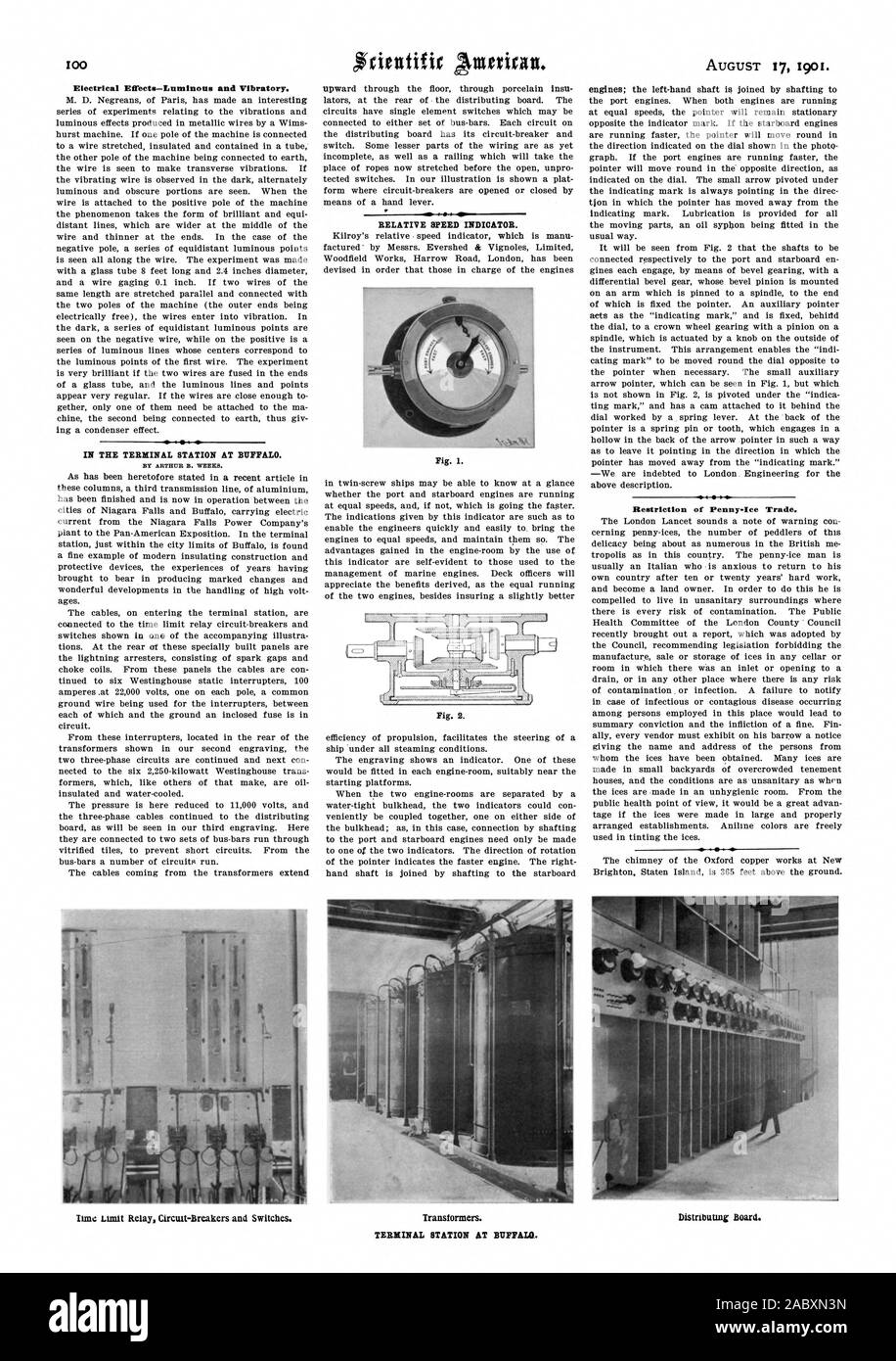 Effetti elettrici-luminosi e vibranti di. Nella stazione terminale A BUFFALO. Da ARTHUR B. SETTIMANE. Velocità relativa spia. Fig. 1. Fig. 2. Trasformatori. Scheda di distribuzione. Tune limite Circuit-Breakers relè e gli interruttori. Stazione TERMINALE A BUFFALO., Scientific American, 1901-08-17 Foto Stock