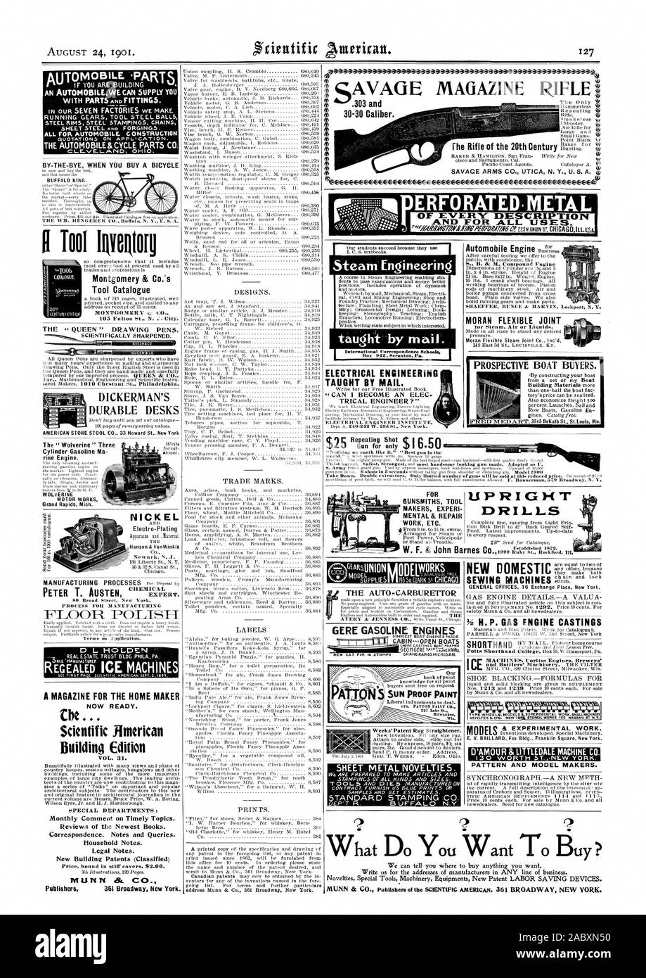 303 e 30-30 calibro. ERFORATED.METALLO DI OGNI ECESCRI ' tion' E PER TUTTI GLI USI. ho tutti per la costruzione di autoveicoli Montgomery & Co. di Tool Catalog MONTGOMERY 105 Fulton San N. un'. Città. Scientificamente affilati. ggim scrivanie durevole WOLVERINE motore lavora in nichel Hanson& VanWInkle 30 & 32 S. Canal San Chicago. D L HOLDSTNI UNA RIVISTA PER LA CASA MAKER ora pronto. . Scientifica edificio iimerican Edition VOL. 31. Reparti Speciali : prezzo legato in stif copre 82.00. Pa LI C . Gli editori 361 Broadway New York. Ingegneria di vapore da-la-BYE QUANDO SI ACQUISTA UNA BICICLETTA BUFFALO RE. TRICAL Foto Stock