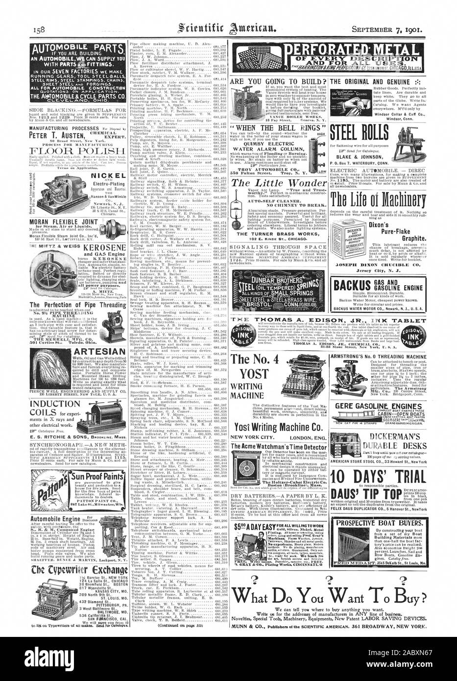 O il catalogo pew. La macchina da scrivere Exchange stai andando a costruire? VANCE CALDARERIE. "Quando la campana suona' QUIMBY elettrico allarme acqua alta colonna AUTO-SELF CLEANER. Nessun camino PER BREAK. La Turner ottone funziona segnalazione attraverso lo spazio Yost iscritto Machine Co. La città di NEW YORK. Londra ENG. L'Acme sentinella del rivelatore di tempo il Holtzer-Cabot Electric Co. Pile a secco.-UNA CARTA DA L. K. oro argento metallico di nichel GERE I MOTORI A BENZINA CABINOPEN BARCHE DICKERMAN durevole della scrivania giorni " TRIAL DUPLICATOI- POTENZIALI COMPRATORI. E PER TUTTI IJSES. Rulli in acciaio BLAKE & JOHNSON 'I')-(03COME A. EDISON JR. L'INCHIOSTRO Foto Stock